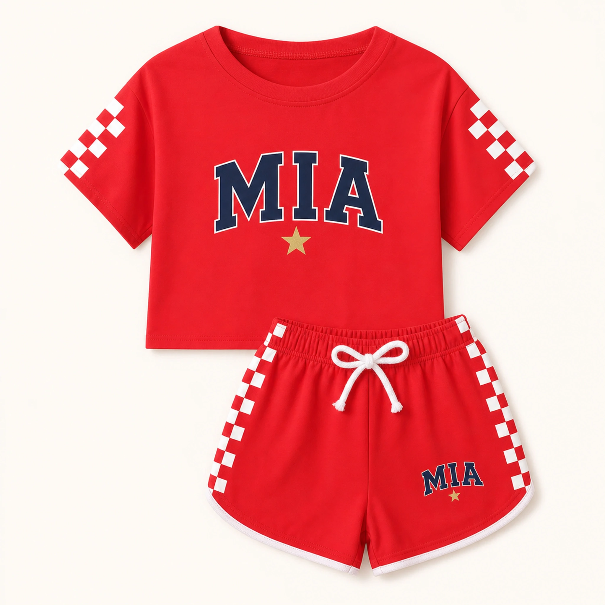 Custom Family Checker Short-Sleeve Top and Shorts Set with sample personalization