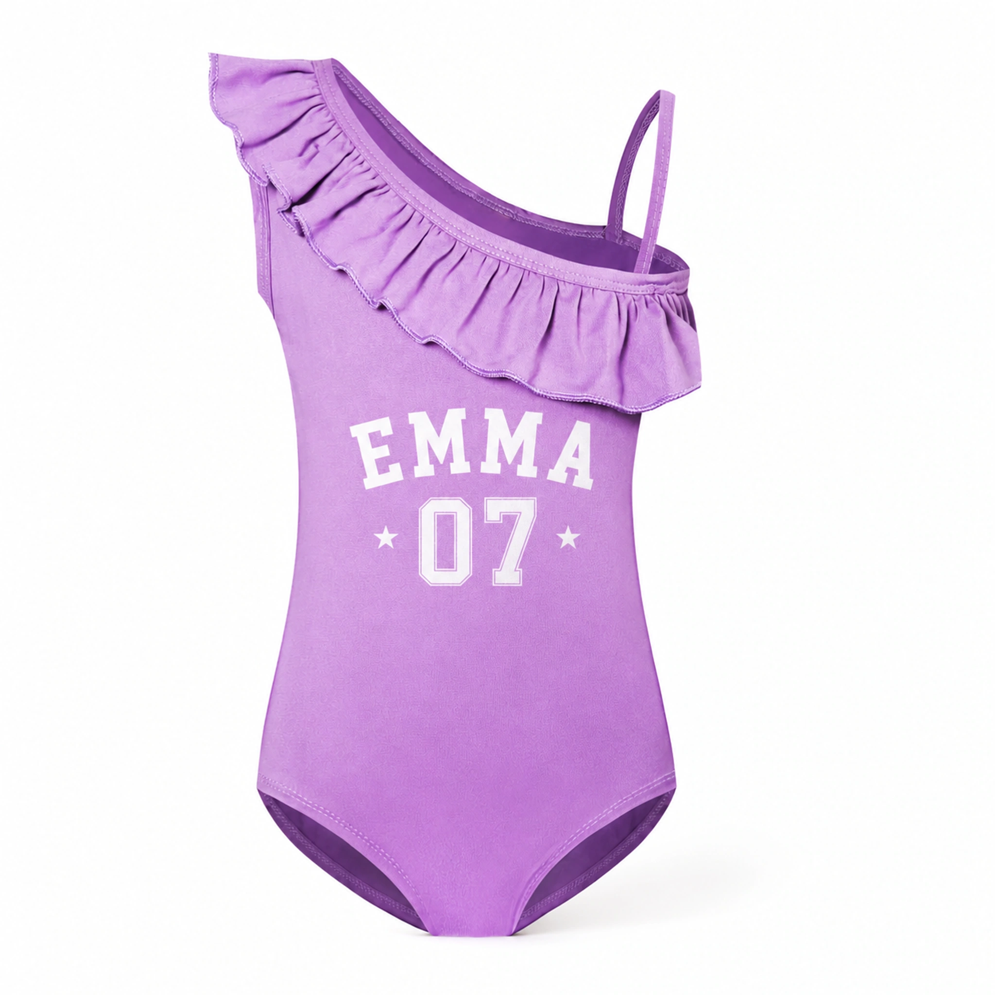 Custom Girls Asymmetric-Ruffle One-Piece Swimsuit with sample personalization