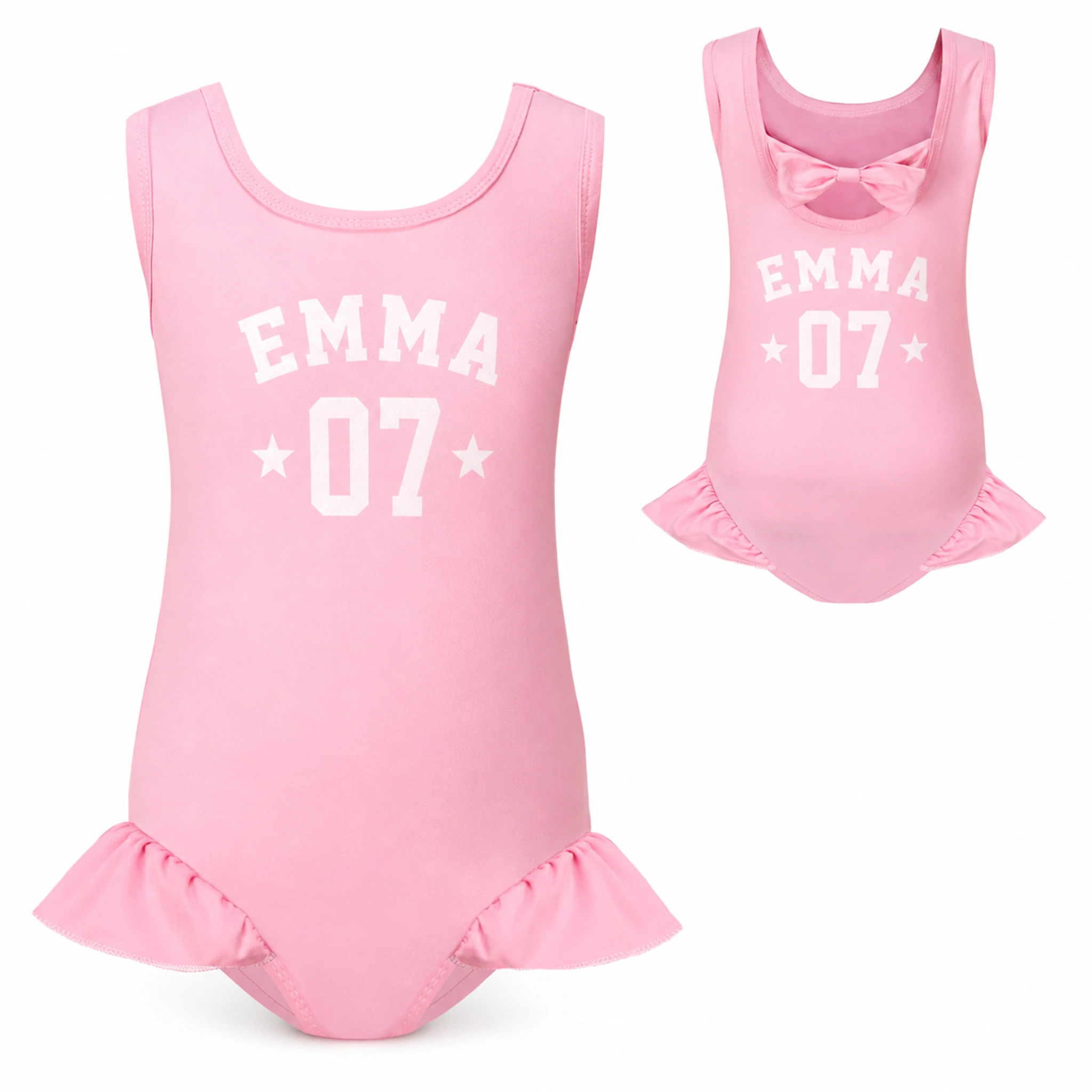 Custom Girls Wide-Strap Bow-Back One-Piece Swimsuit with sample personalization