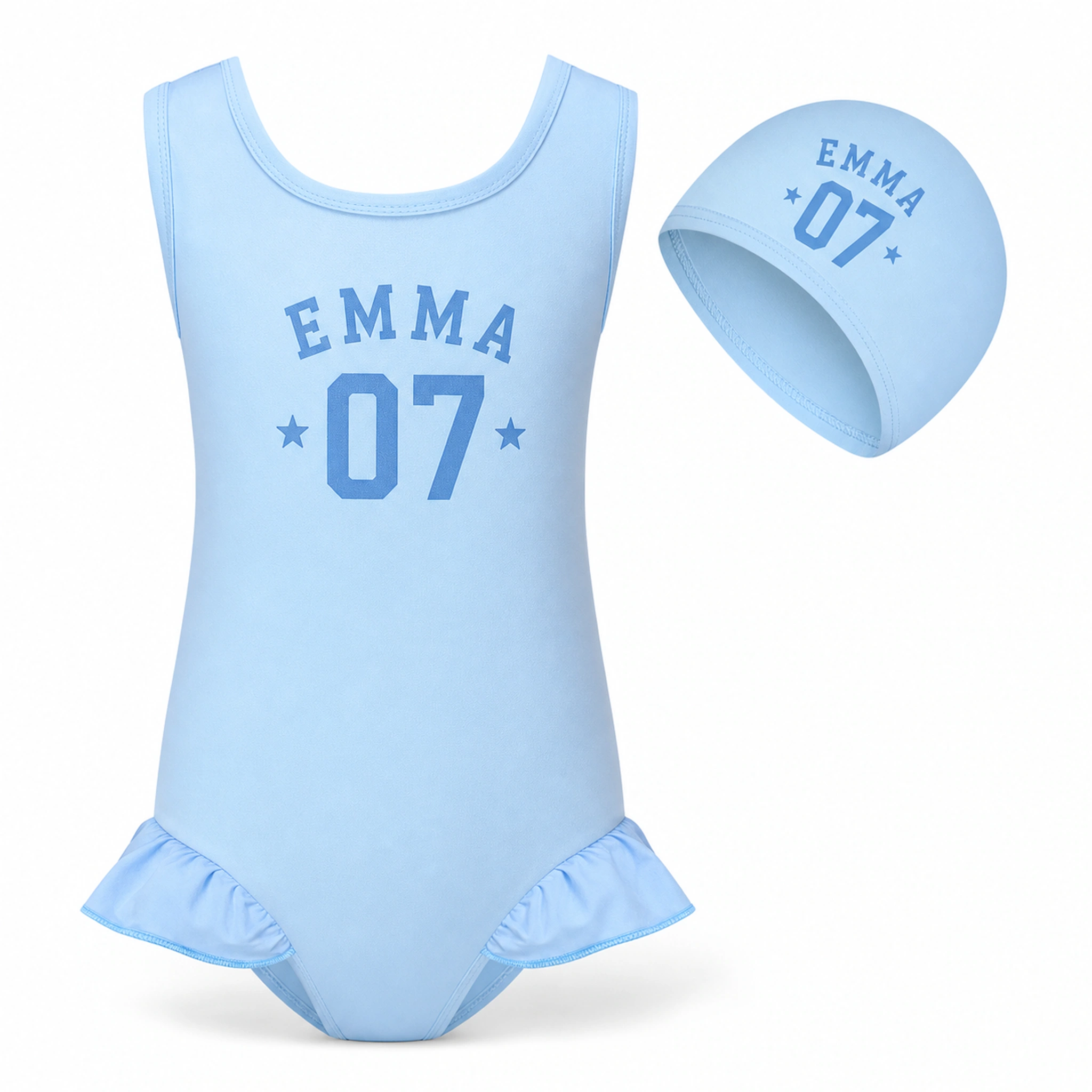Custom Girls Wide-Strap Swimsuit and Cap Set with sample personalization