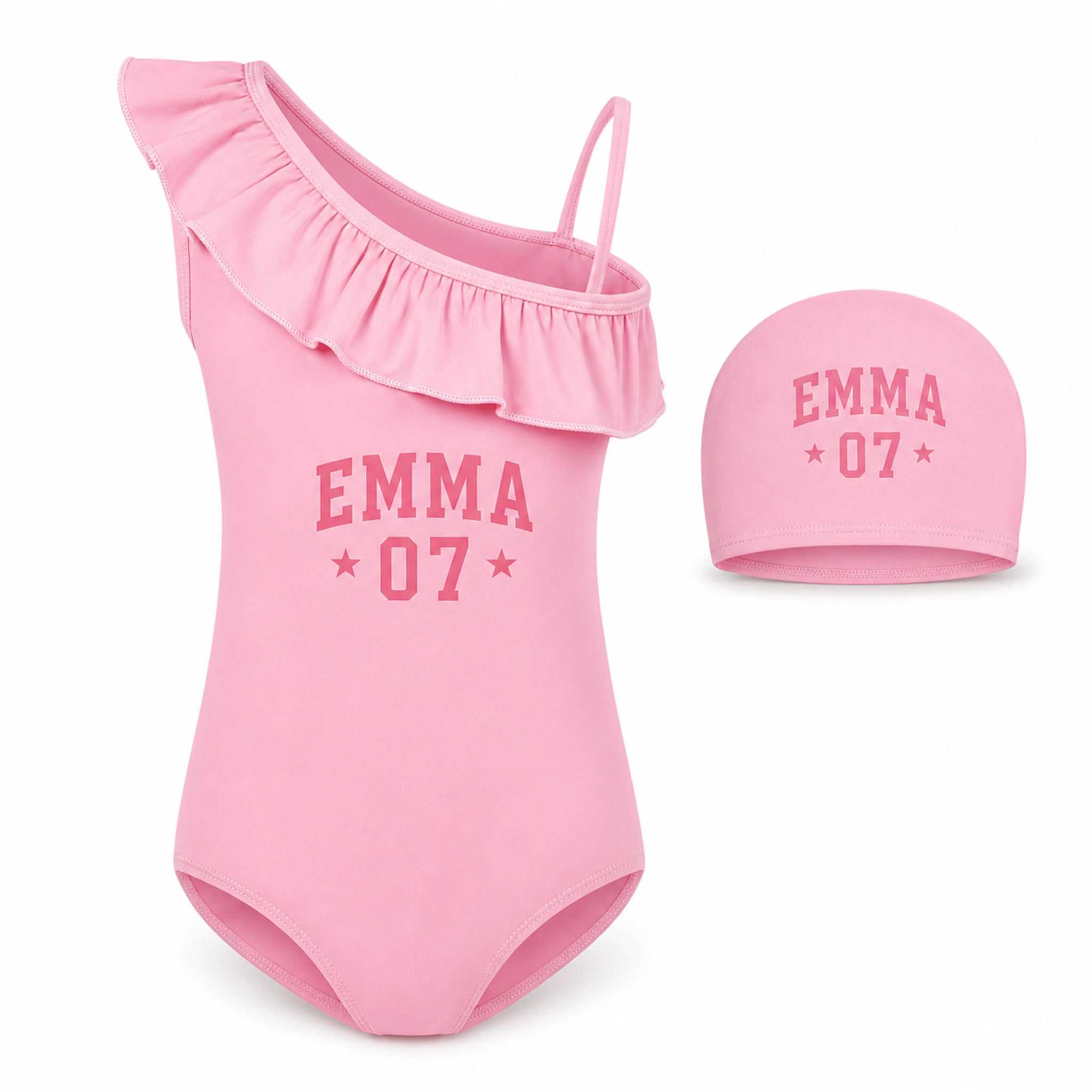 Custom Girls Asymmetric-Ruffle Swimsuit and Cap Set with sample personalization