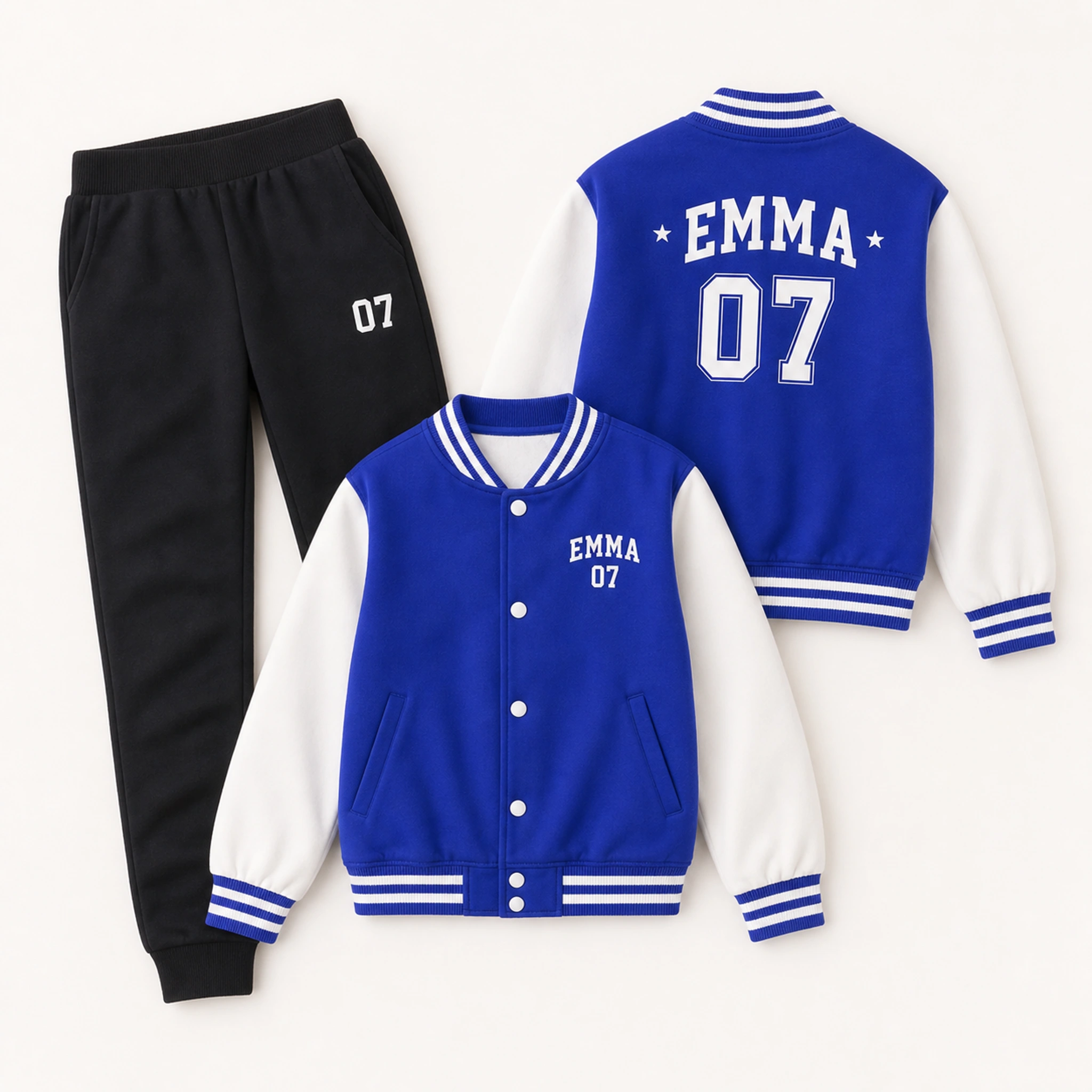 Custom Kids Baseball Jacket and Pants Set with sample personalization