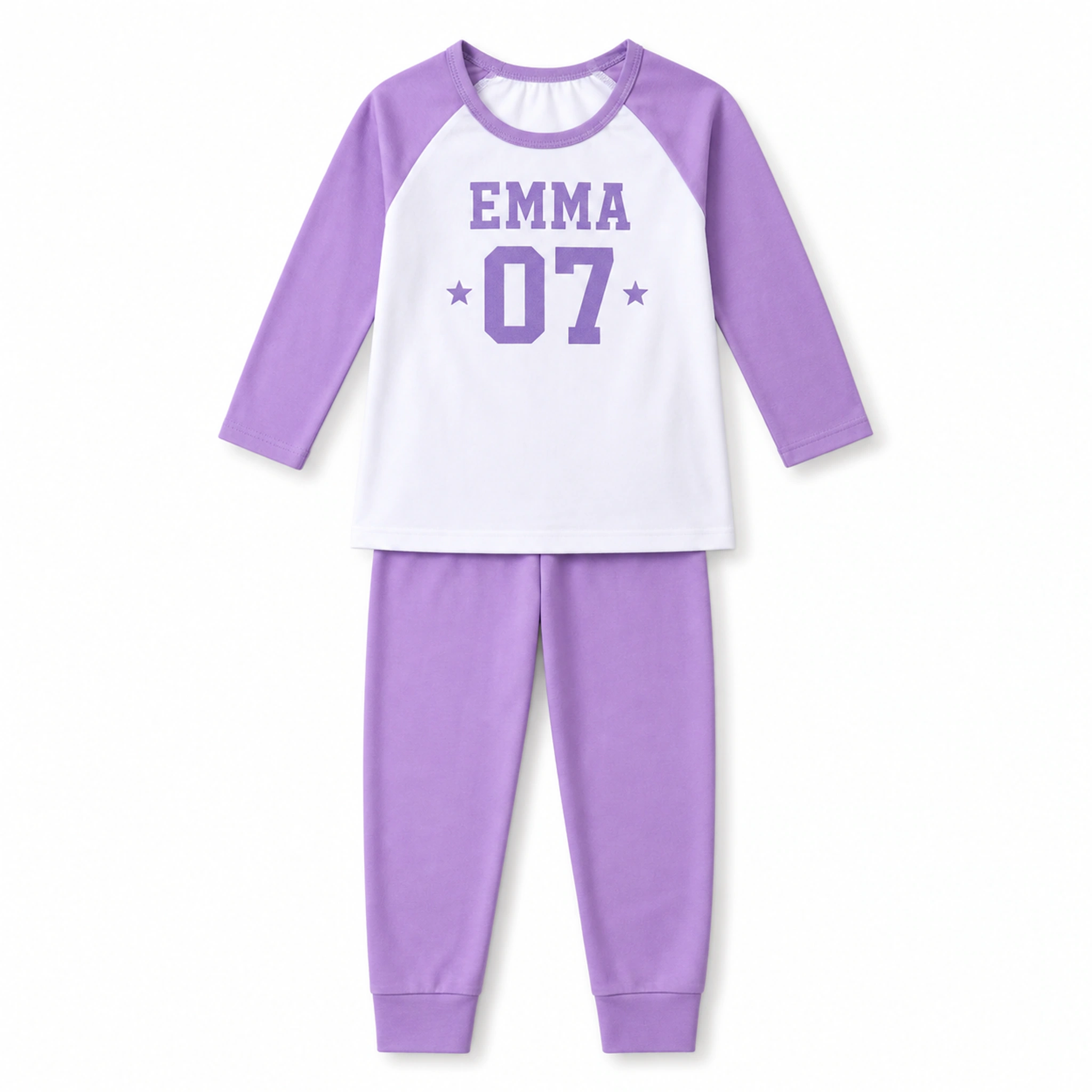 Custom Kids Three-Quarter-Sleeve Raglan Top & Pants Set with sample personalization