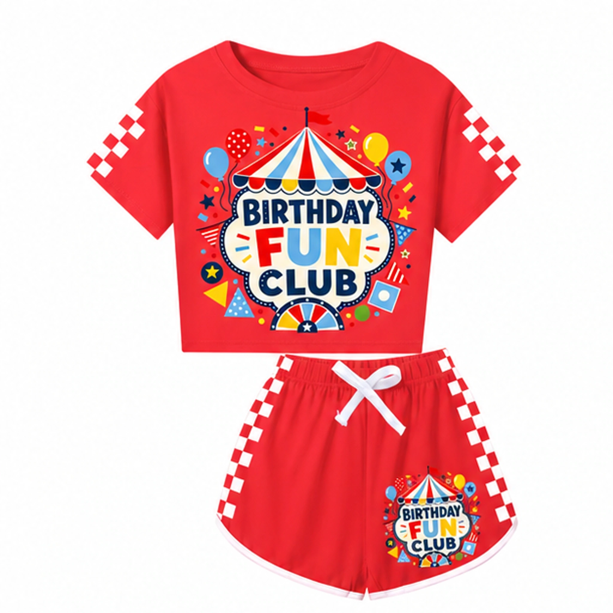 Birthday Fun Club Family Checker Short-Sleeve Top and Shorts Set for Kids in the selected color