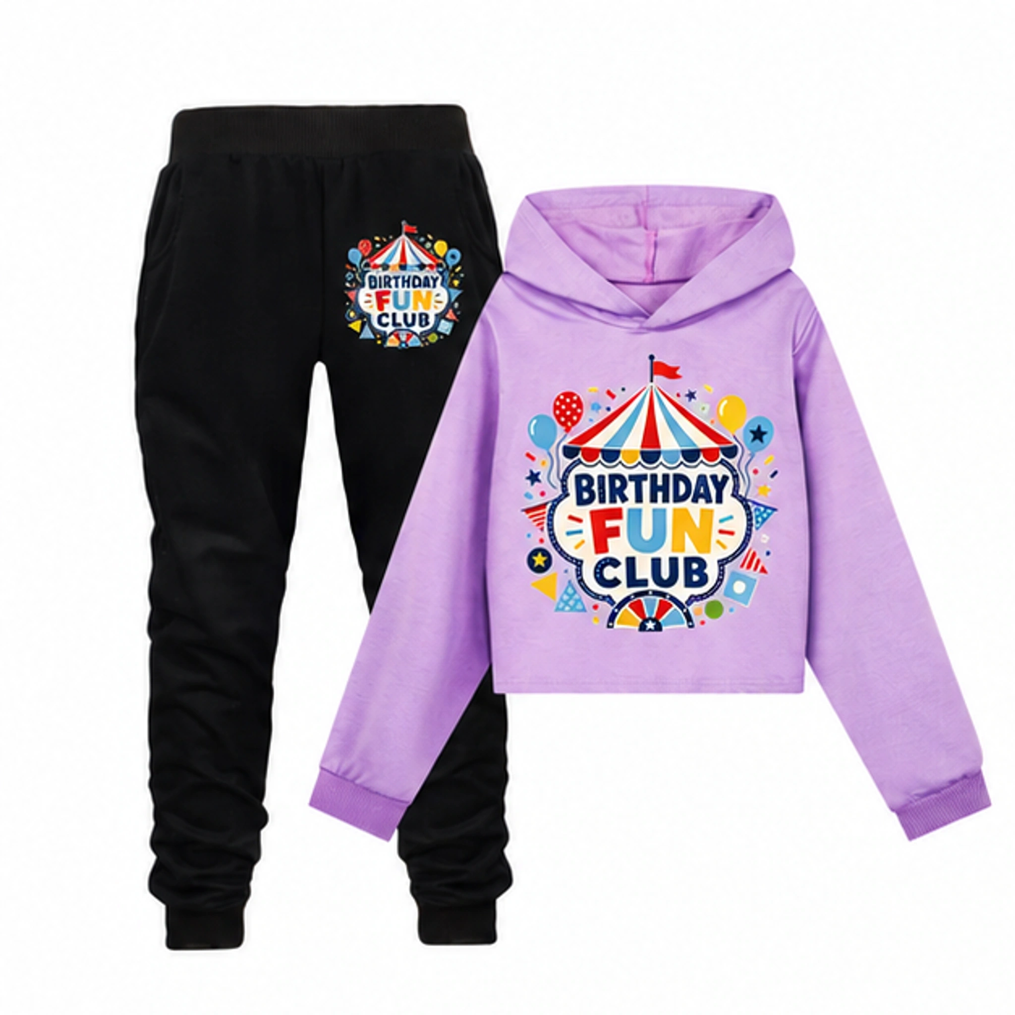 Birthday Fun Club Girls Cropped Hoodie and Pants Set for Kids in the selected color