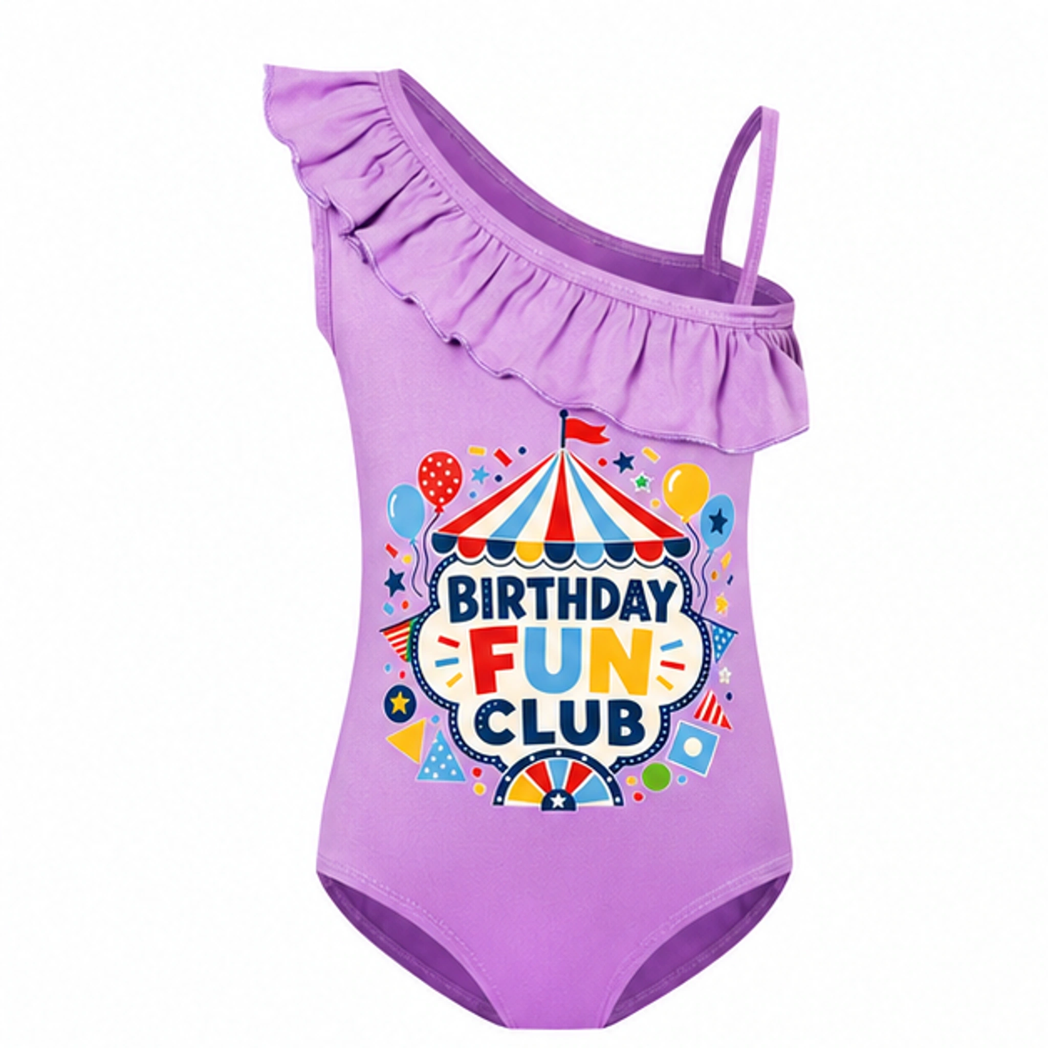 Birthday Fun Club Girls Asymmetric-Ruffle One-Piece Swimsuit for Kids in the selected color