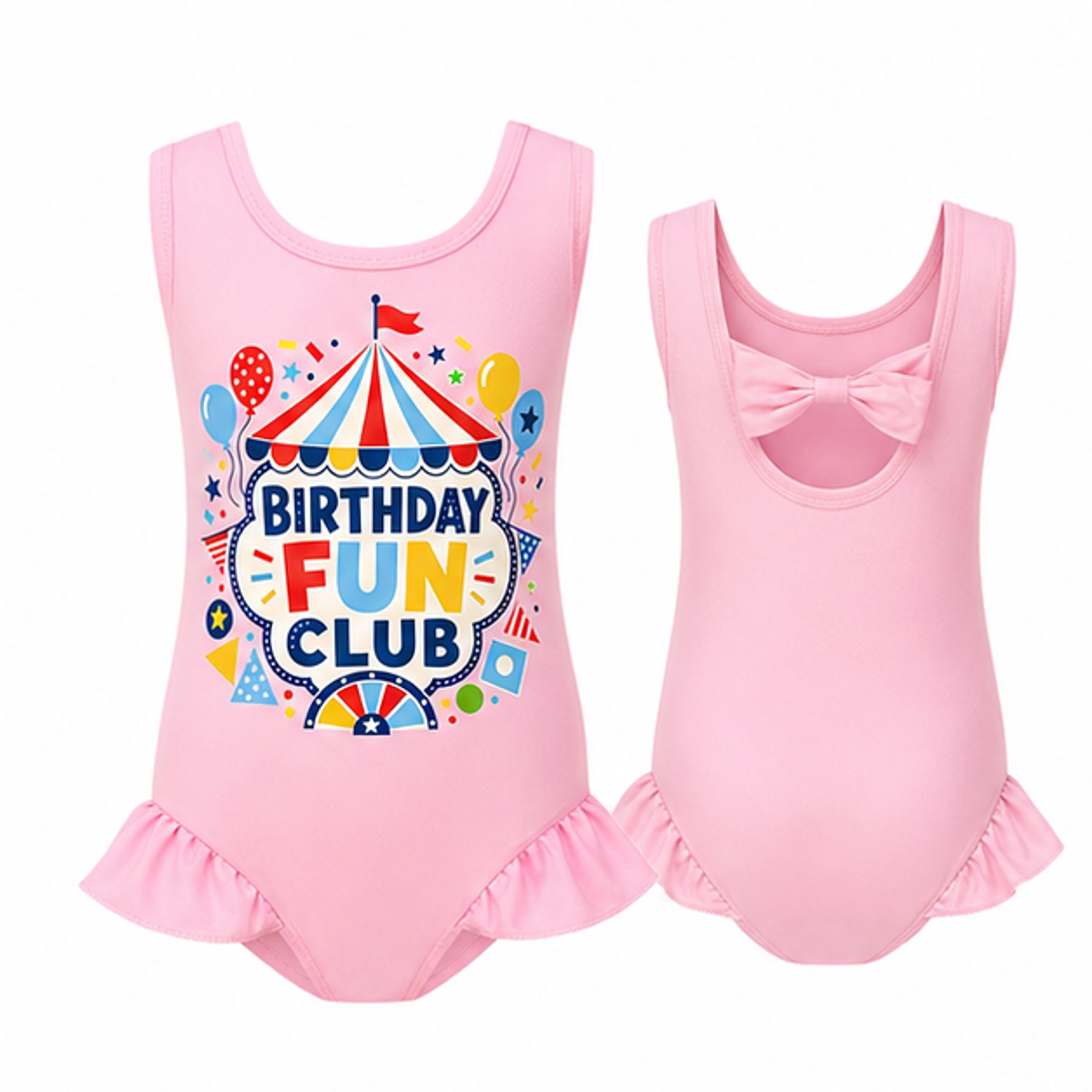 Birthday Fun Club Girls Wide-Strap Bow-Back One-Piece Swimsuit for Kids in the selected color