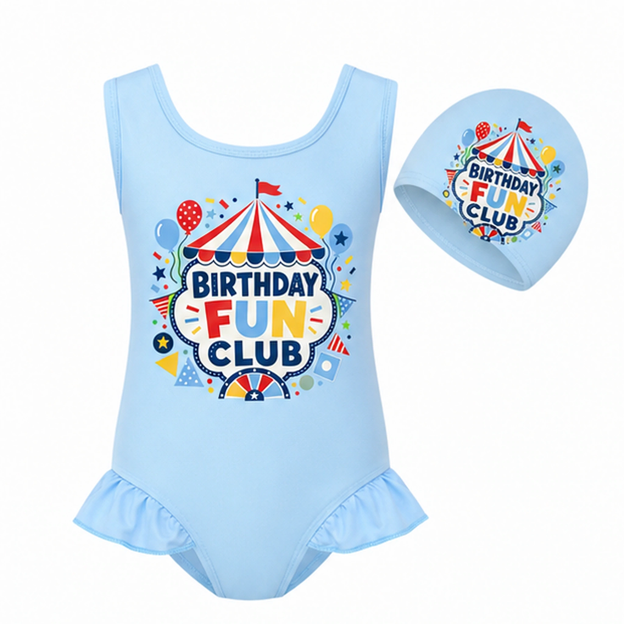 Birthday Fun Club Girls Wide-Strap Swimsuit and Cap Set for Kids in the selected color