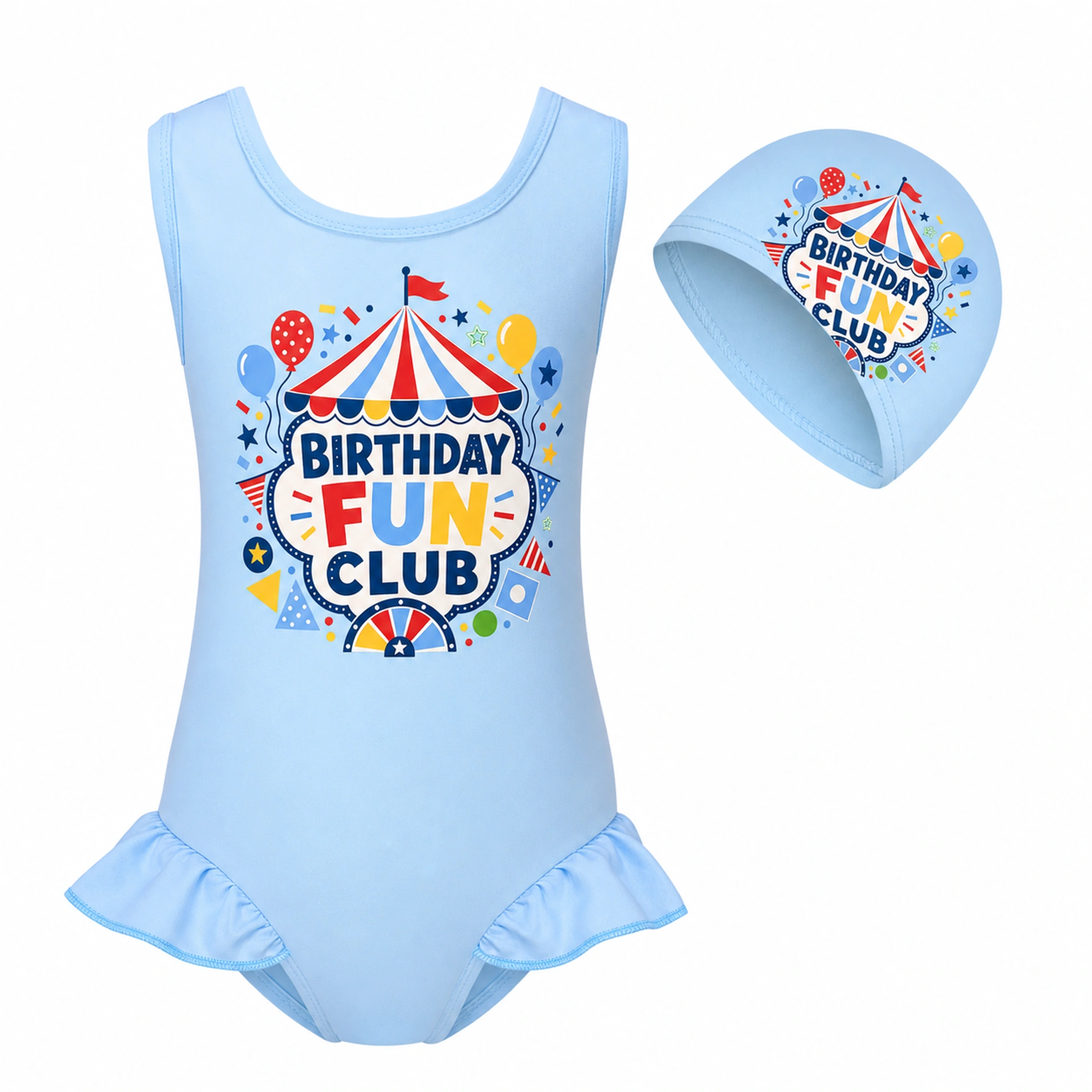 Birthday Fun Club Girls Wide-Strap Swimsuit and Cap Set for Kids product preview