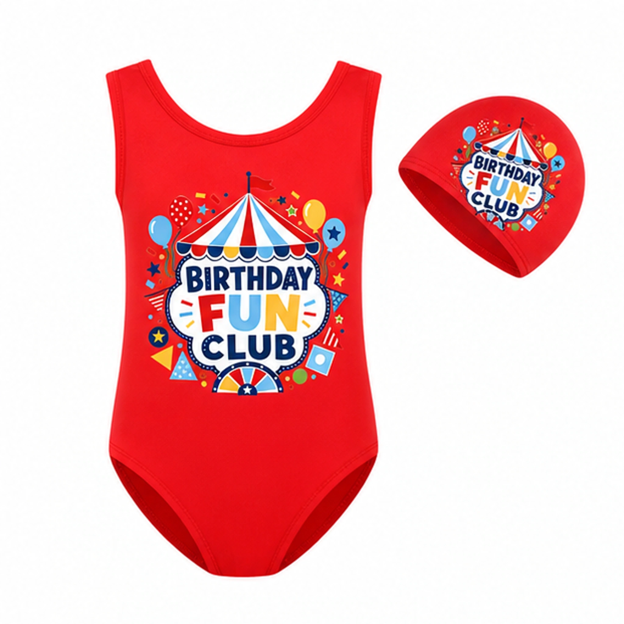 Birthday Fun Club Girls Classic Swimsuit and Cap Set for Kids in the selected color