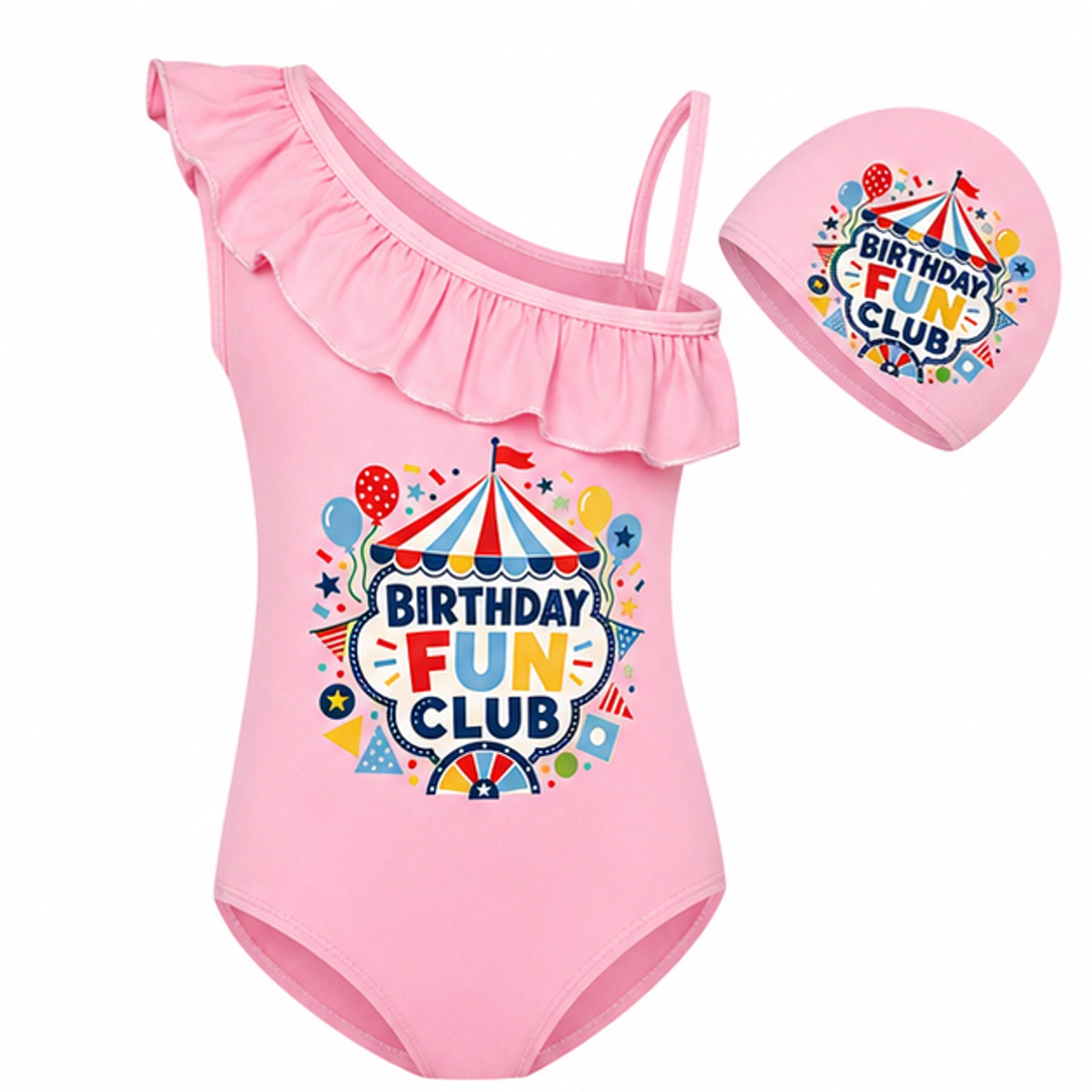 Birthday Fun Club Girls Asymmetric-Ruffle Swimsuit and Cap Set for Kids in the selected color