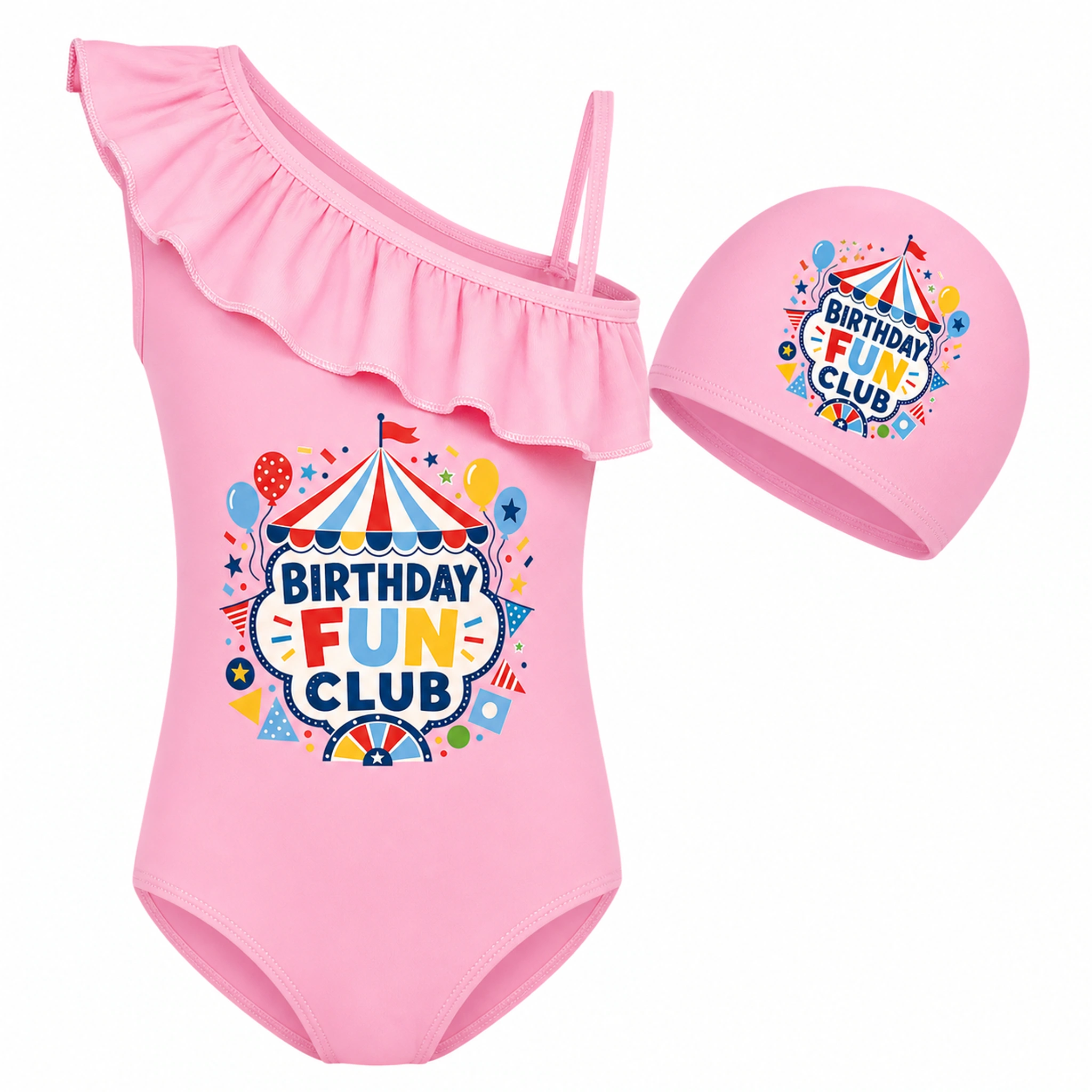 Birthday Fun Club Girls Asymmetric-Ruffle Swimsuit and Cap Set for Kids product preview