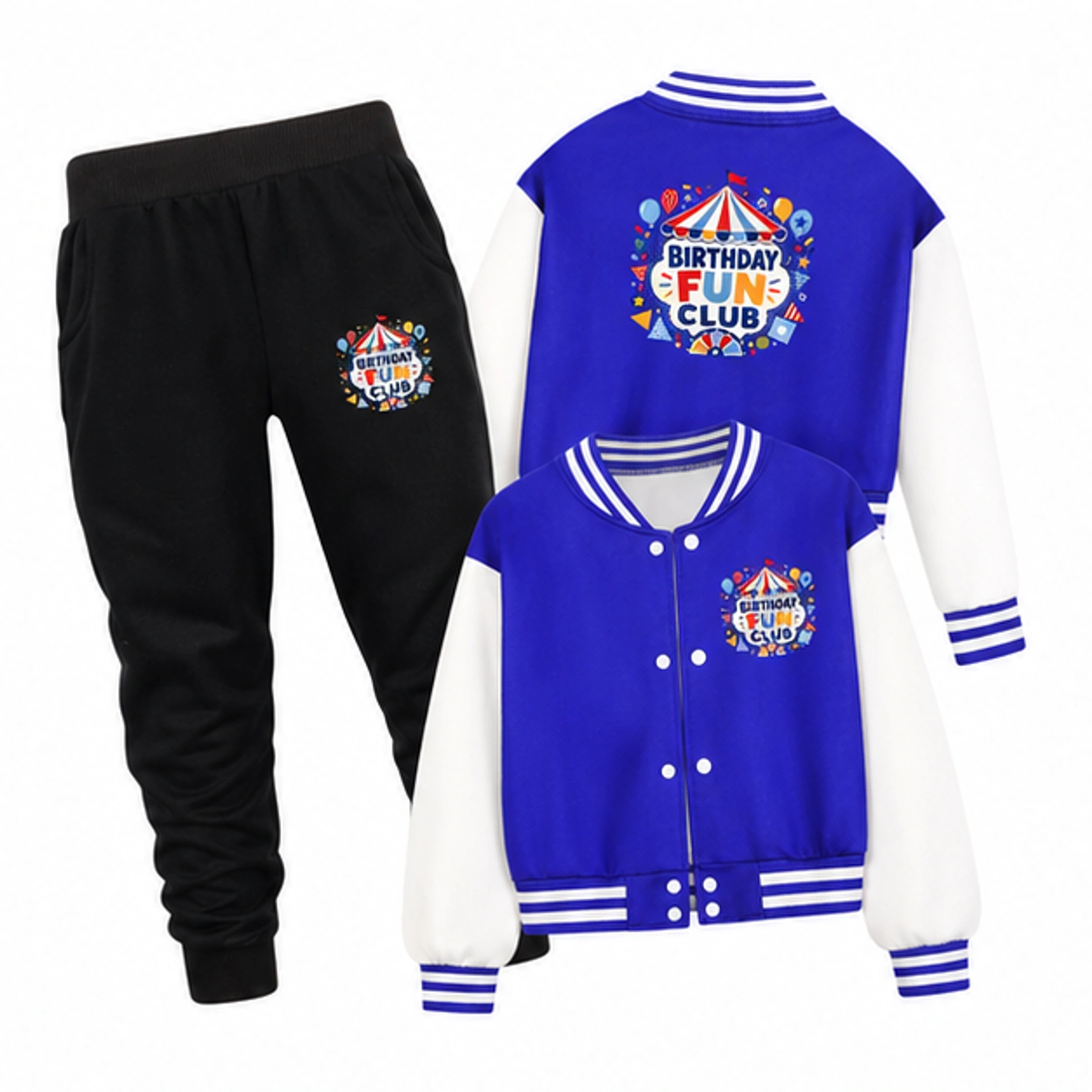 Birthday Fun Club Baseball Jacket and Pants Set for Kids in the selected color