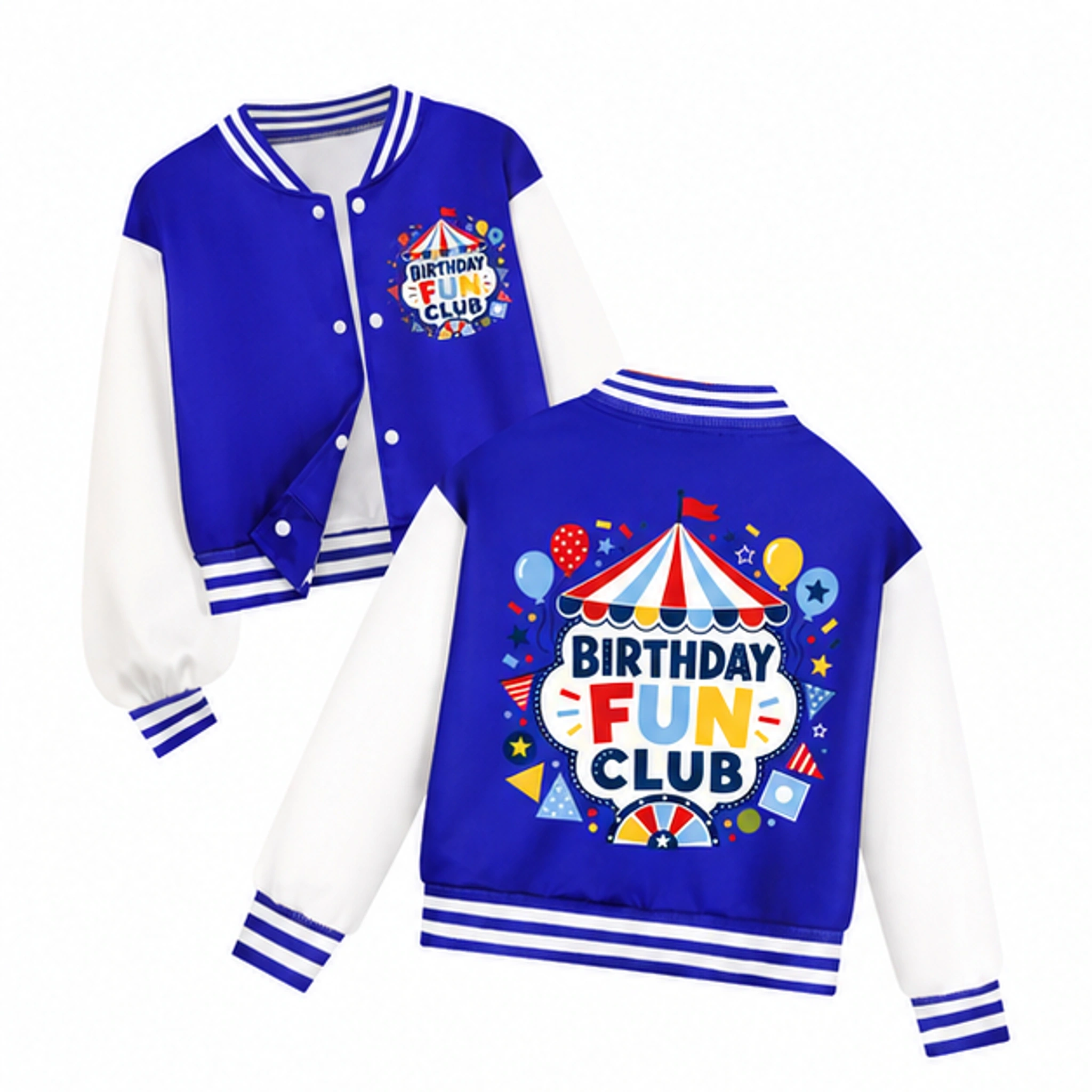 Birthday Fun Club Cropped Baseball Jacket for Kids in the selected color