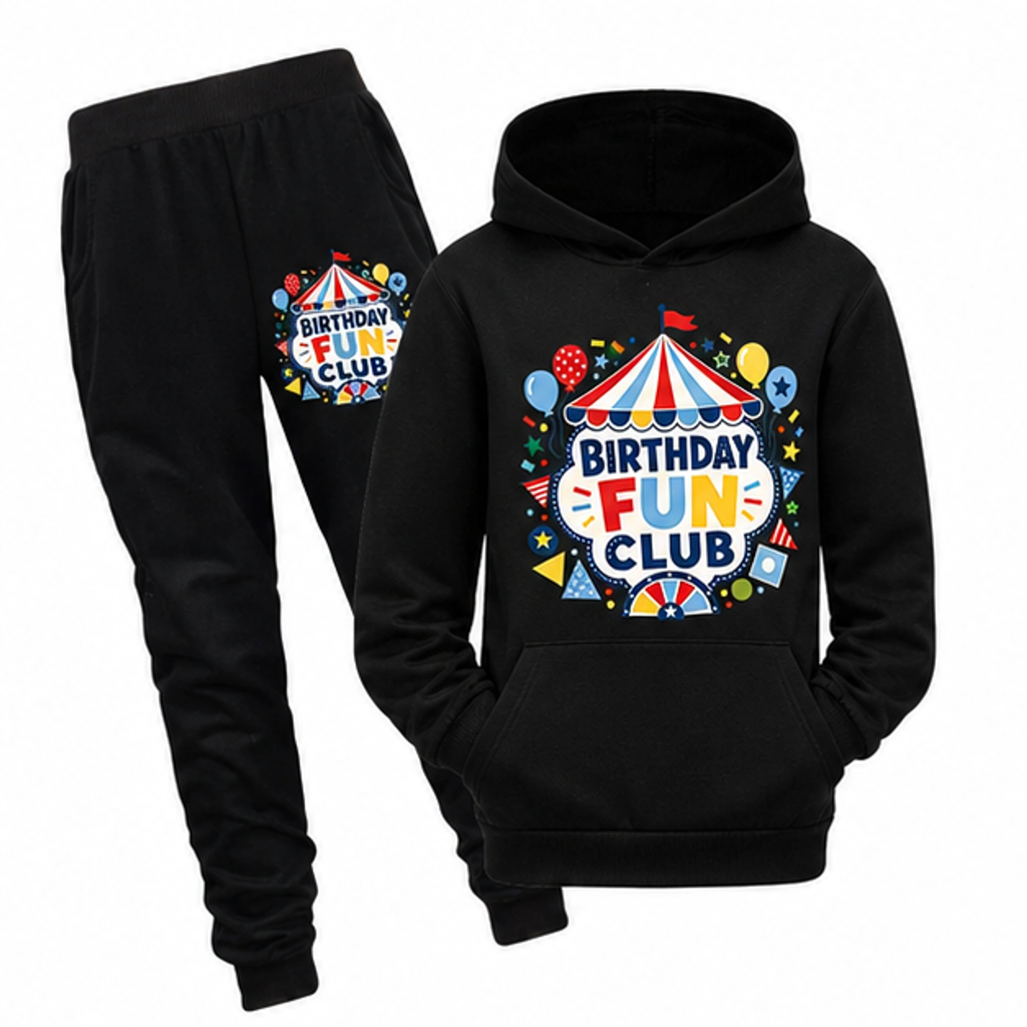 Birthday Fun Club Pullover Hoodie and Jogger Set for Kids in the selected color