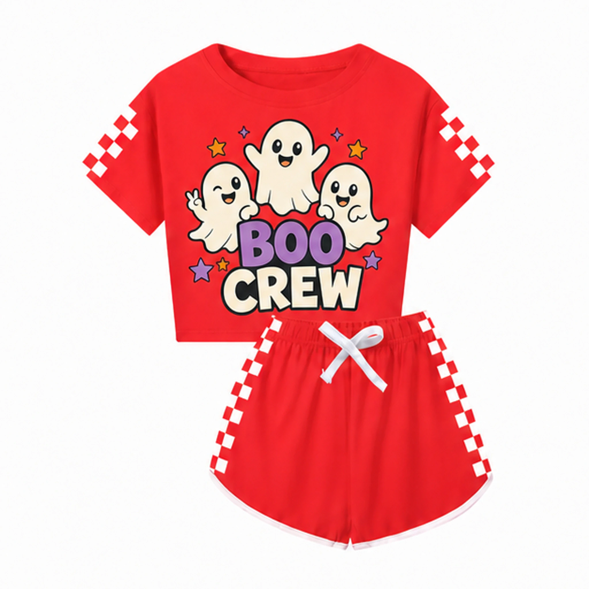Red Custom Family Checker Short-Sleeve Top and Shorts Set with the Boo Crew design