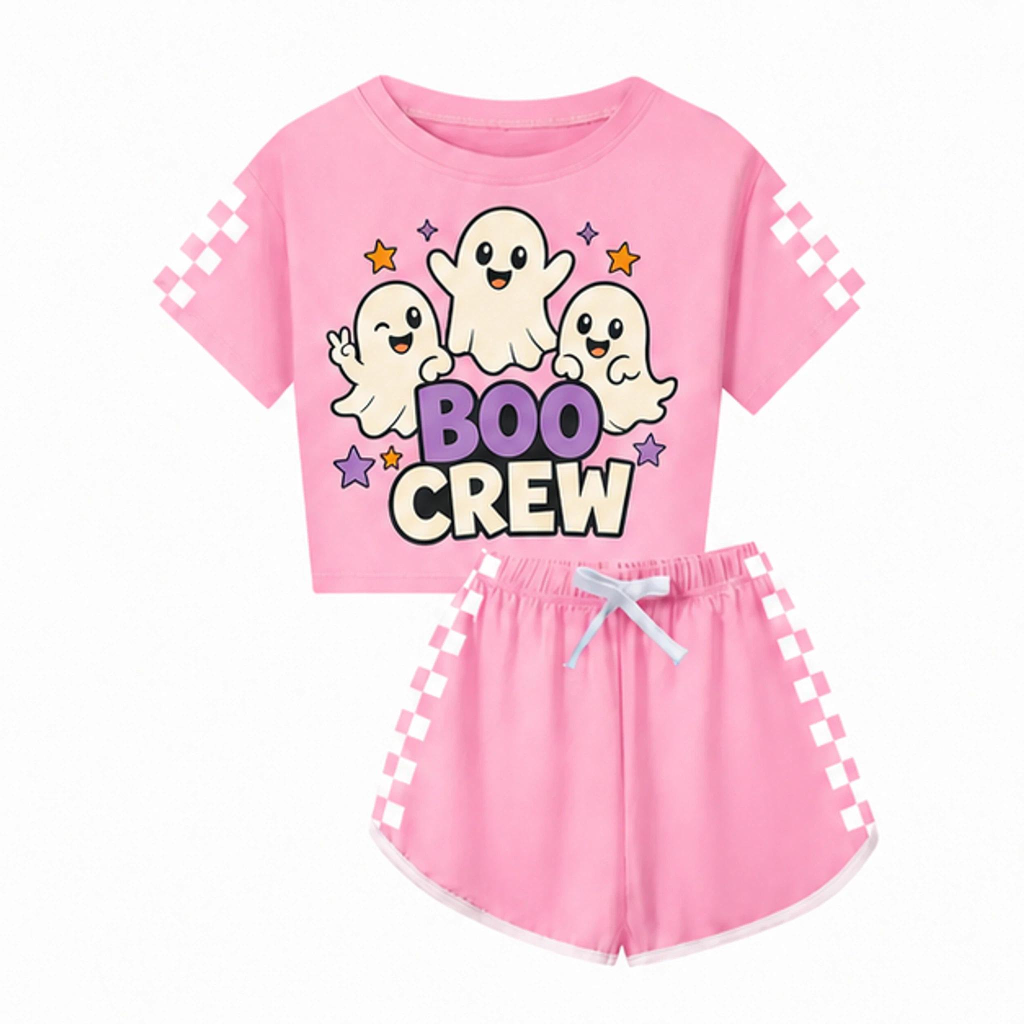 Pink Custom Family Checker Short-Sleeve Top and Shorts Set with the Boo Crew design