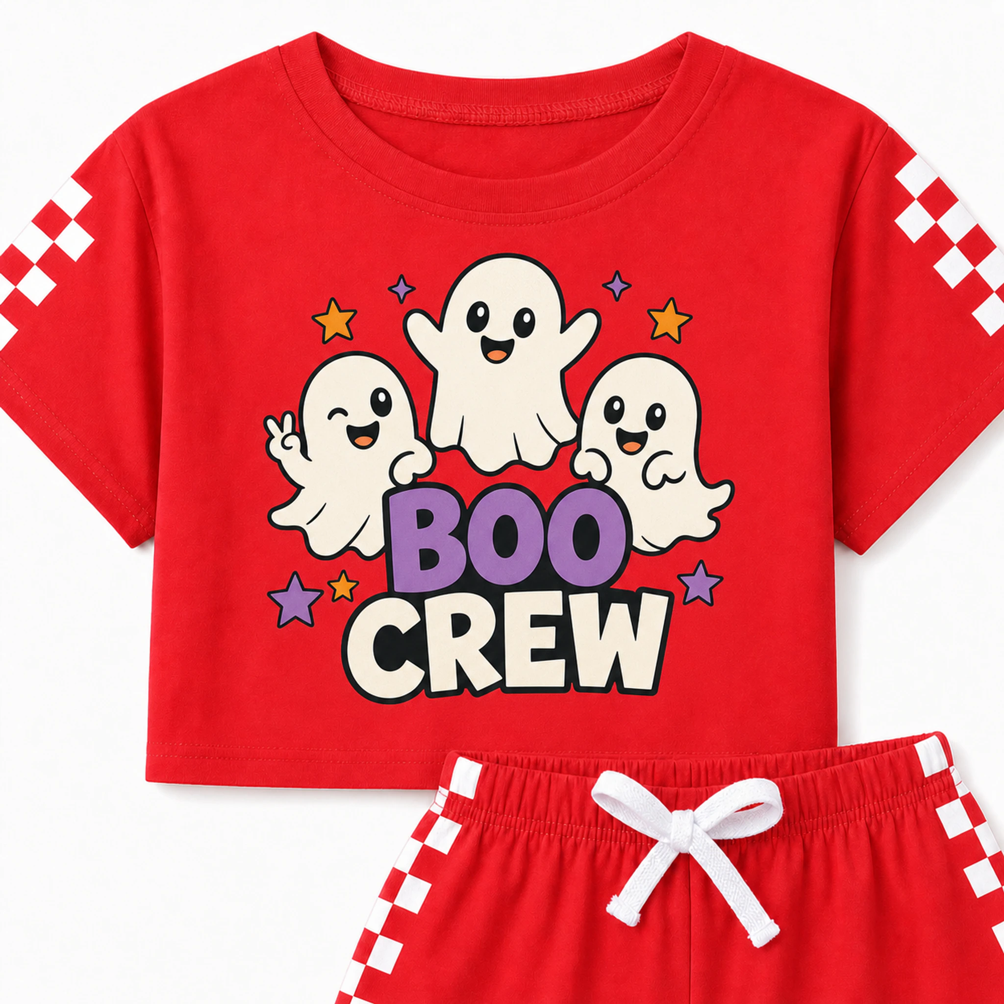 Boo Crew Custom Family Checker Short-Sleeve Top and Shorts Set print, fabric, and construction details
