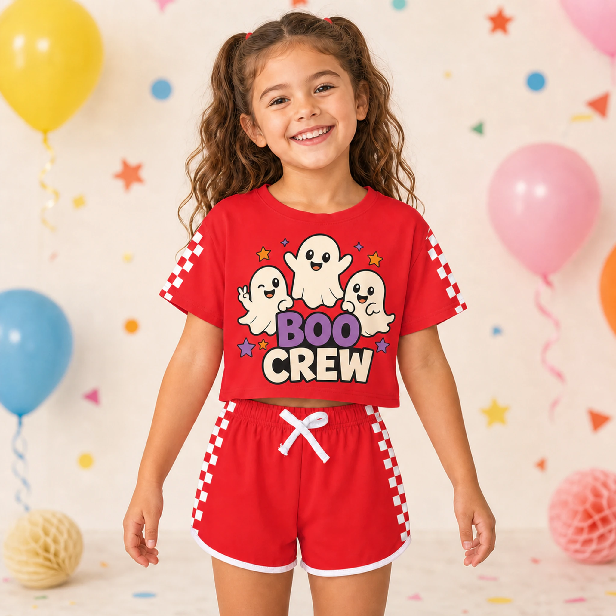 Boo Crew Custom Family Checker Short-Sleeve Top and Shorts Set shown in a styled lifestyle setting