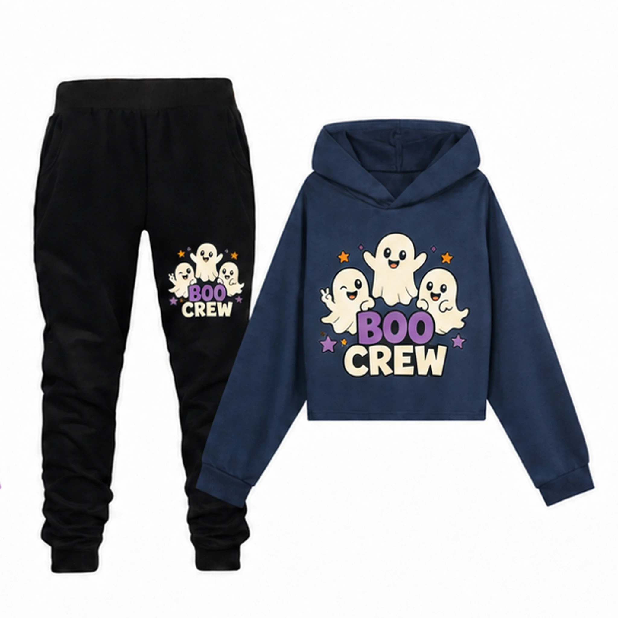 Navy Blue · Set Custom Girls Cropped Hoodie and Pants Set with the Boo Crew design