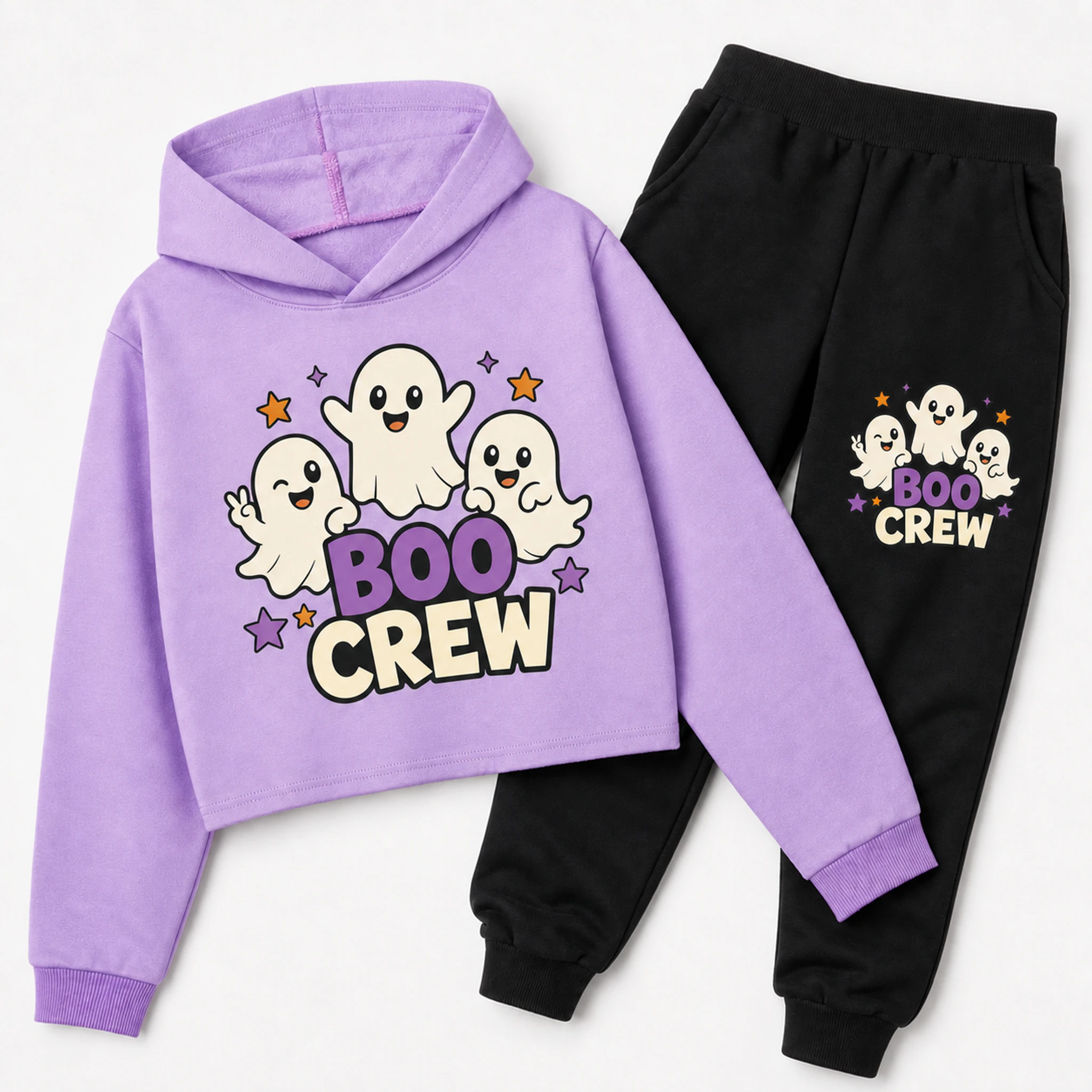 Boo Crew Custom Girls Cropped Hoodie and Pants Set print, fabric, and construction details