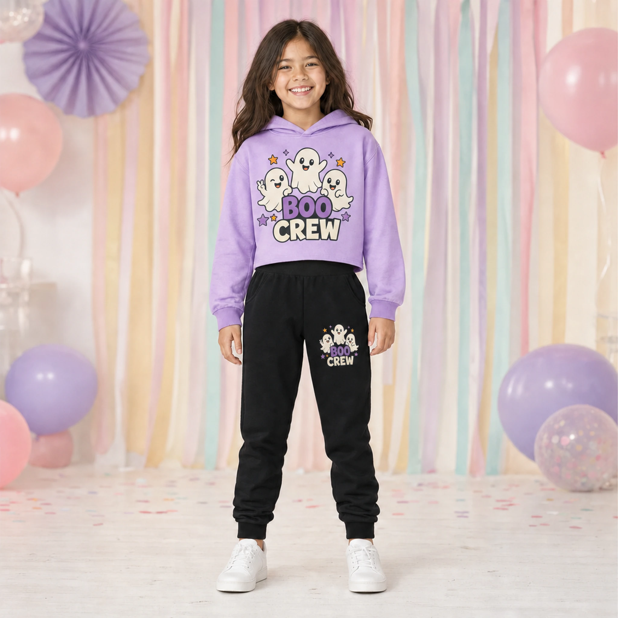 Boo Crew Custom Girls Cropped Hoodie and Pants Set shown in a styled lifestyle setting