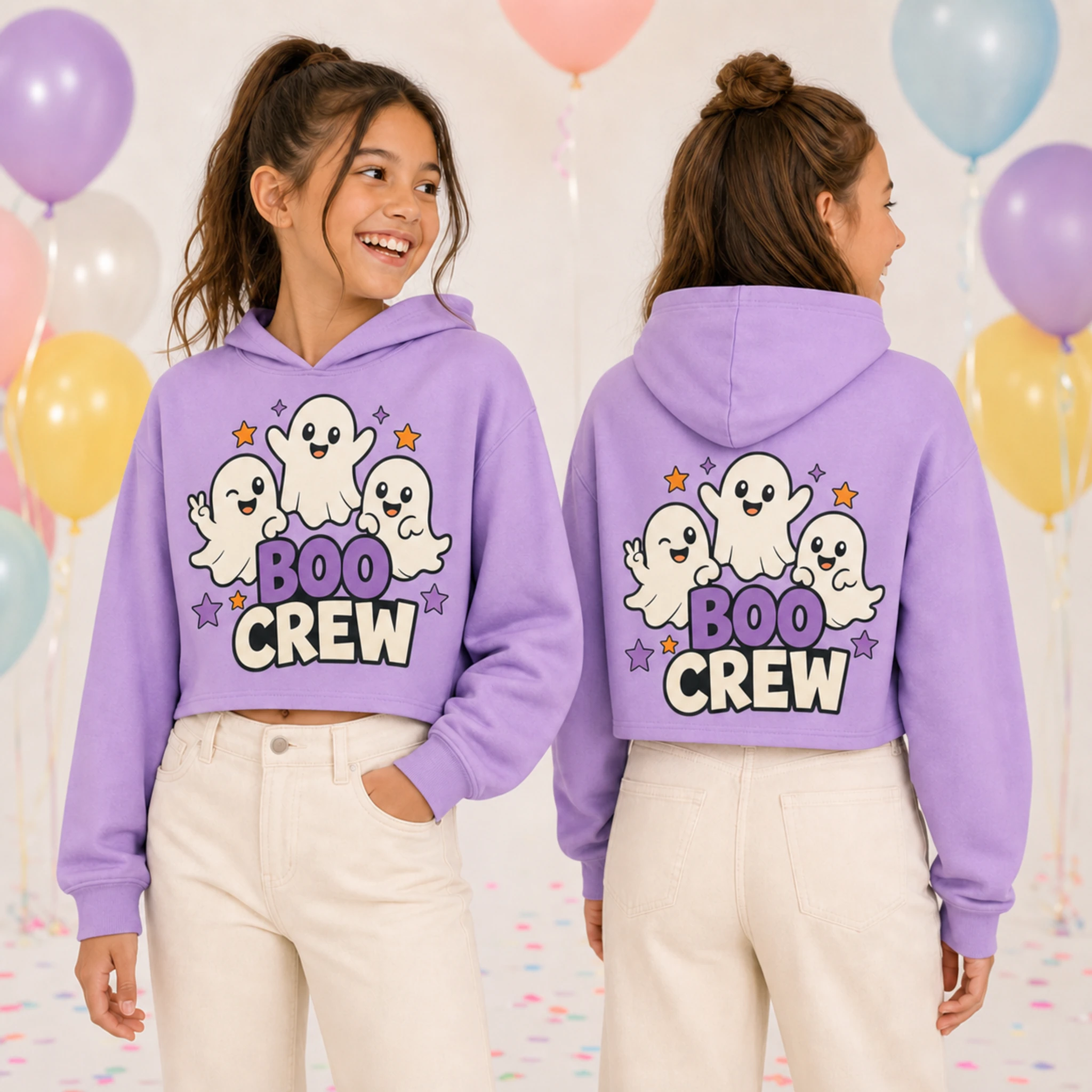Boo Crew Custom Girls Cropped Hoodie shown in a styled lifestyle setting