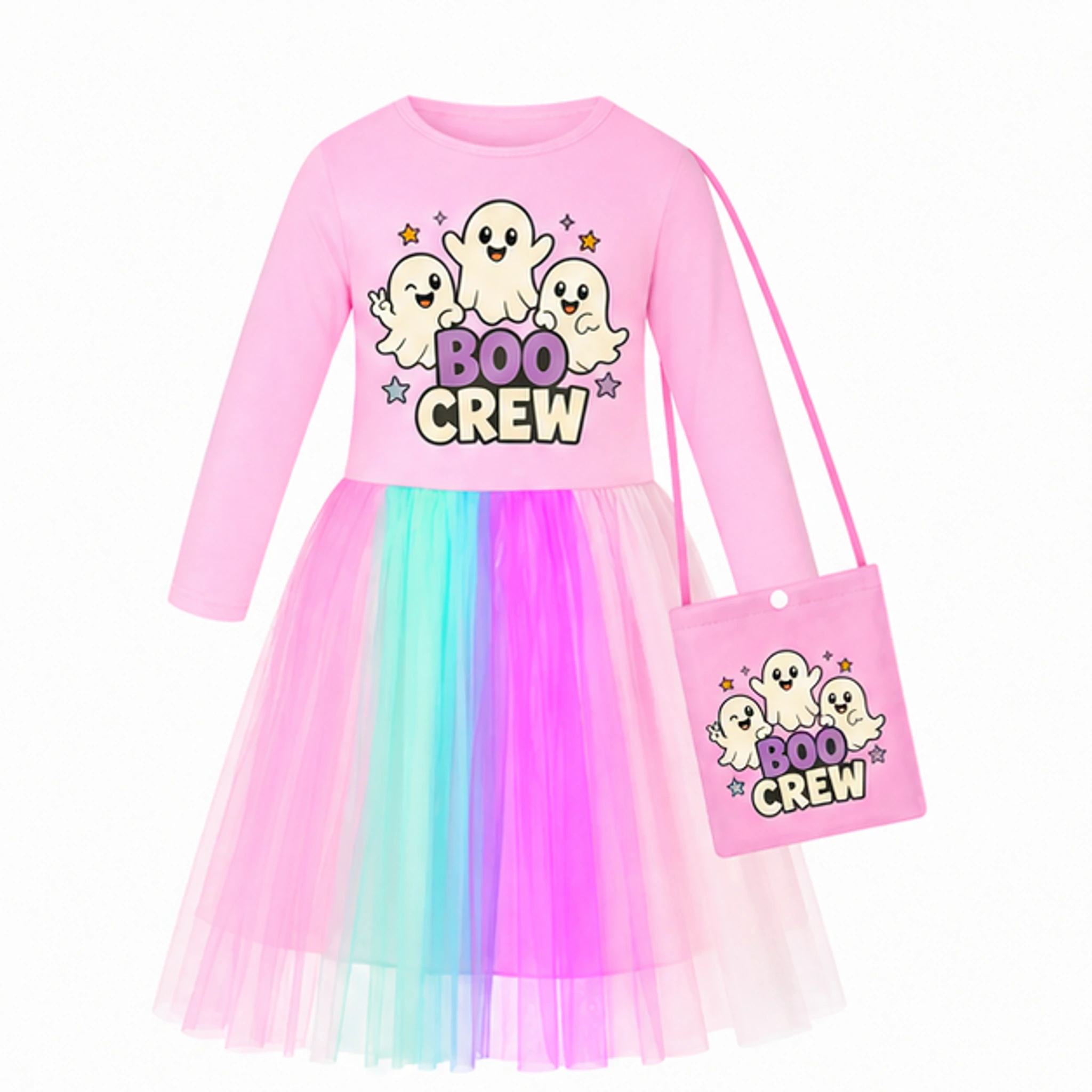Pink · Long Tulle Skirt · with Bag Custom Girls Long Tulle and Star Skirt Styles with Bag with the Boo Crew design