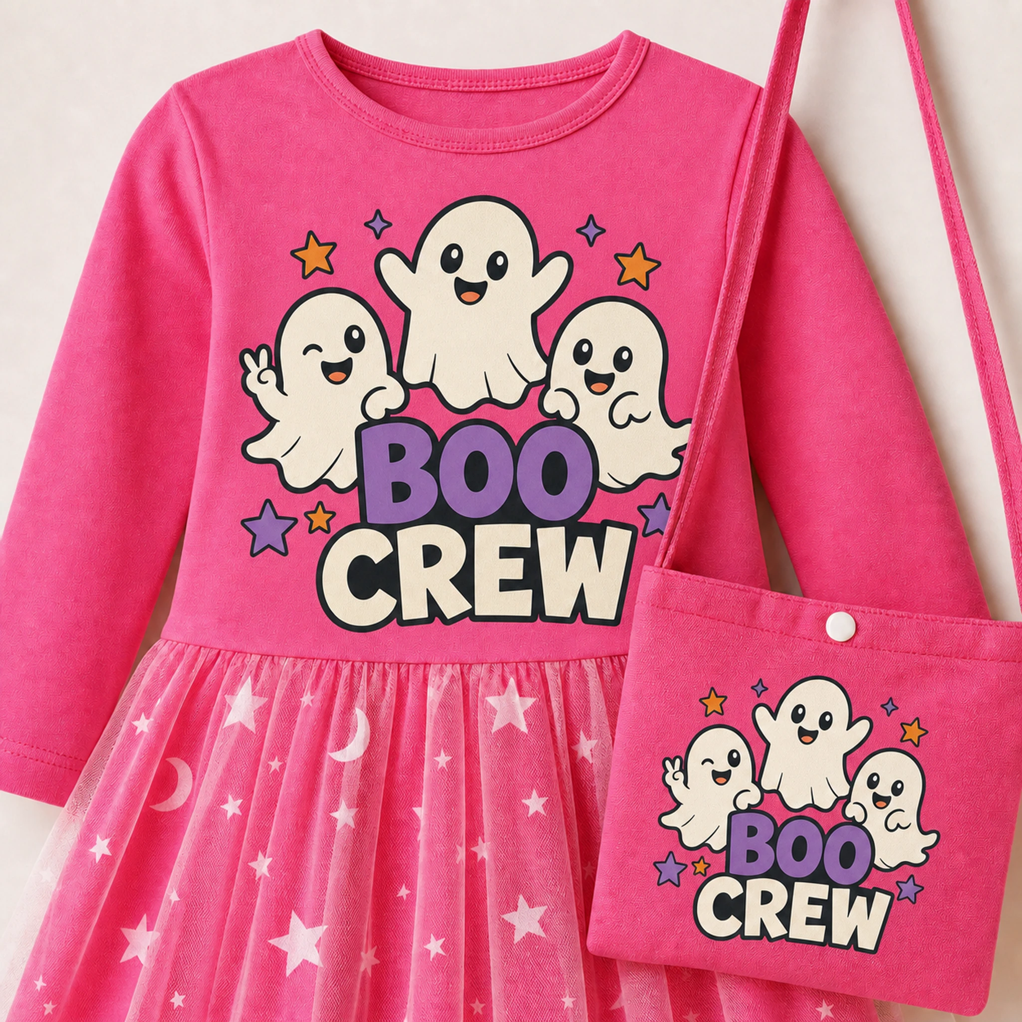 Boo Crew Custom Girls Long Tulle and Star Skirt Styles with Bag print, fabric, and construction details