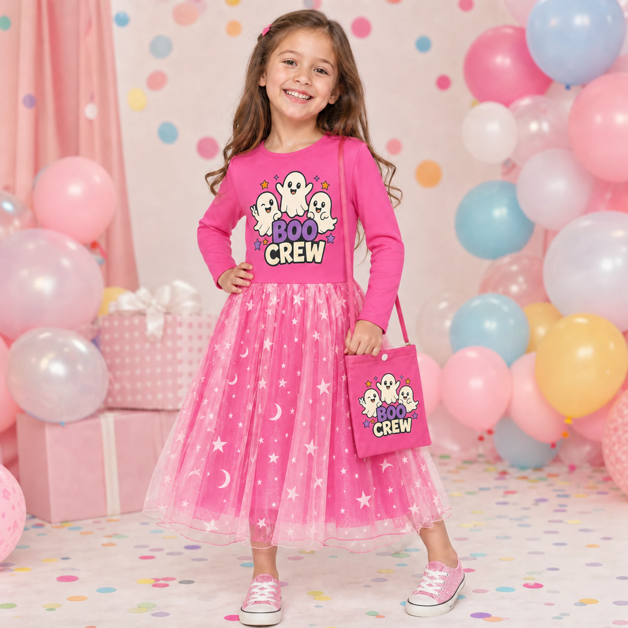 Boo Crew Custom Girls Long Tulle and Star Skirt Styles with Bag shown in a styled lifestyle setting