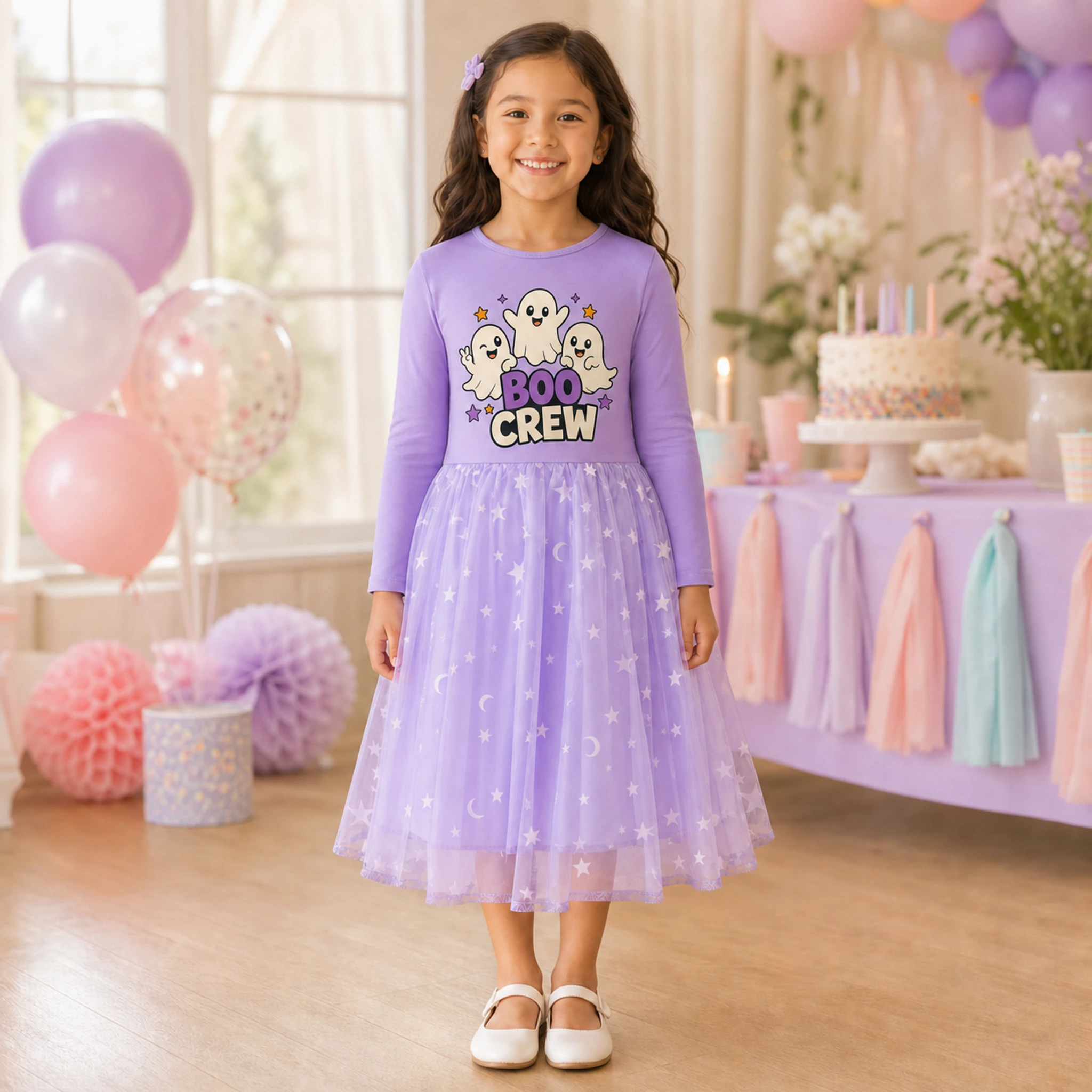 Boo Crew Custom Girls Long Tulle and Star Skirt Styles shown in a styled lifestyle setting