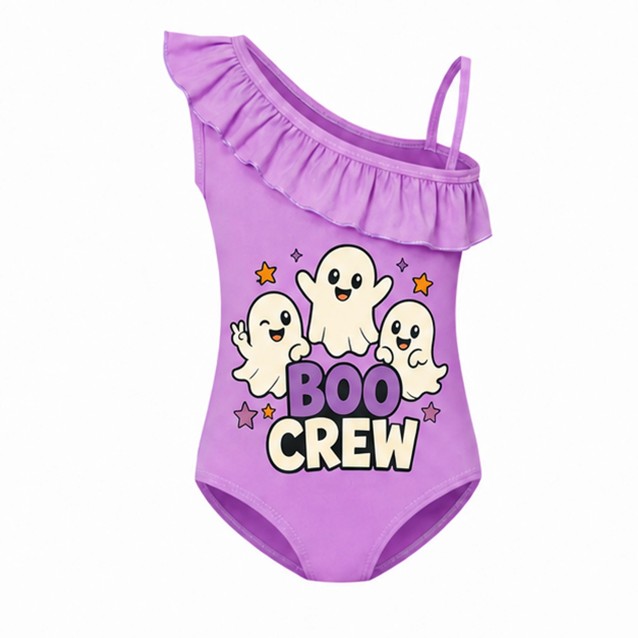 Purple Custom Girls Asymmetric-Ruffle One-Piece Swimsuit with the Boo Crew design