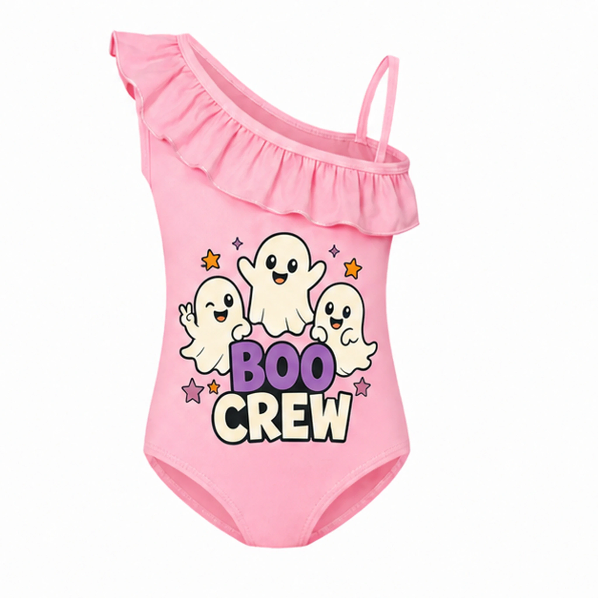 Pink Custom Girls Asymmetric-Ruffle One-Piece Swimsuit with the Boo Crew design