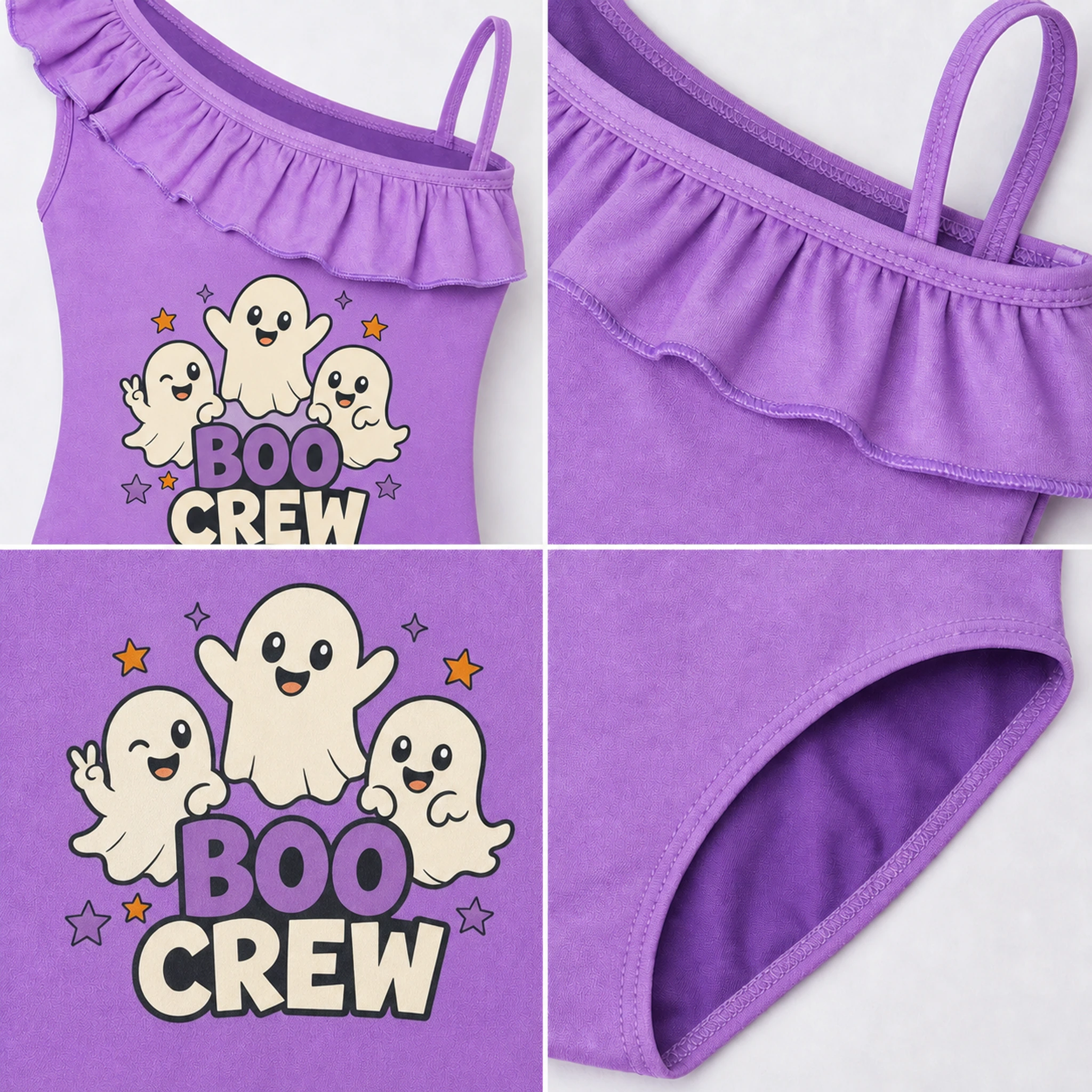 Boo Crew Custom Girls Asymmetric-Ruffle One-Piece Swimsuit print, fabric, and construction details