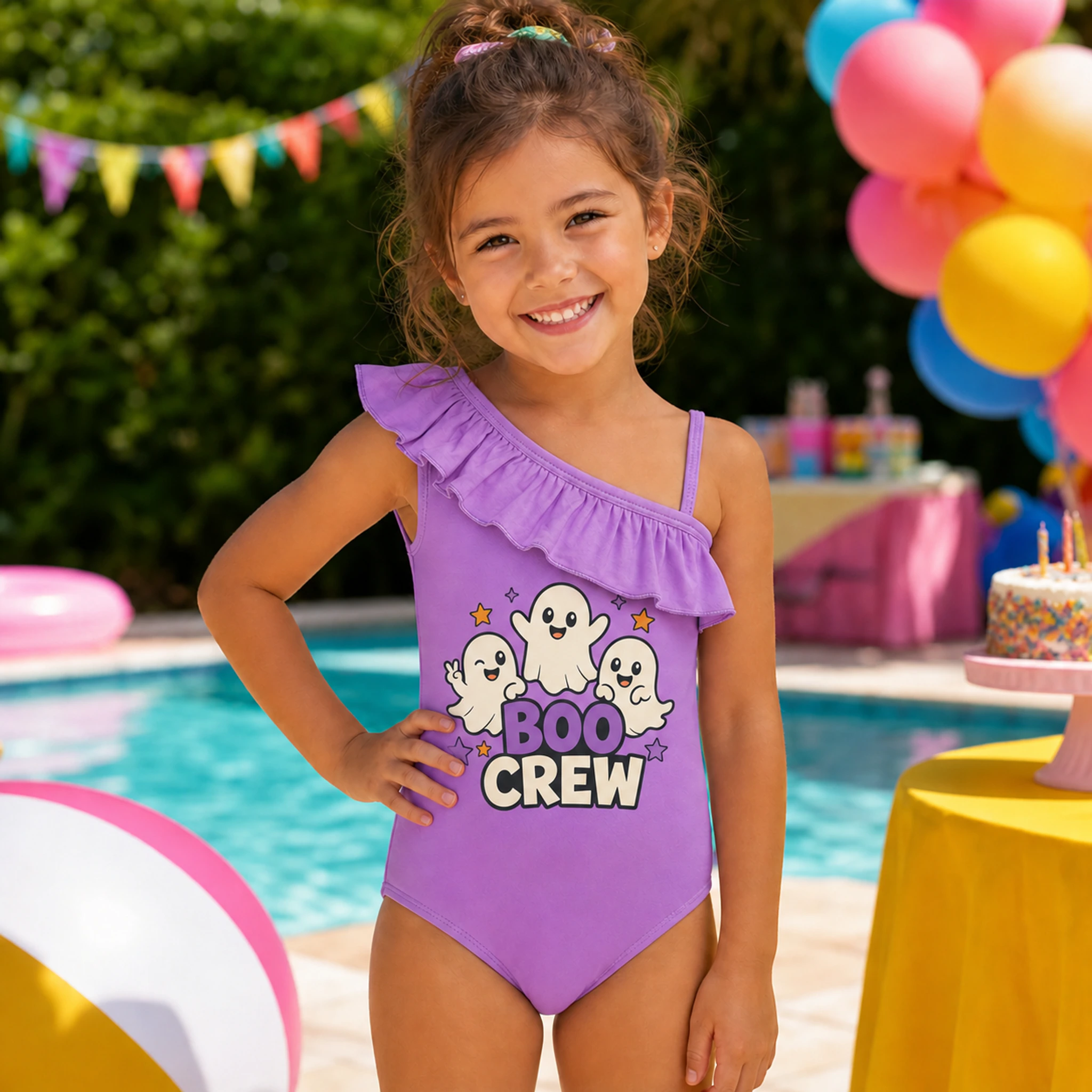 Boo Crew Custom Girls Asymmetric-Ruffle One-Piece Swimsuit shown in a styled lifestyle setting