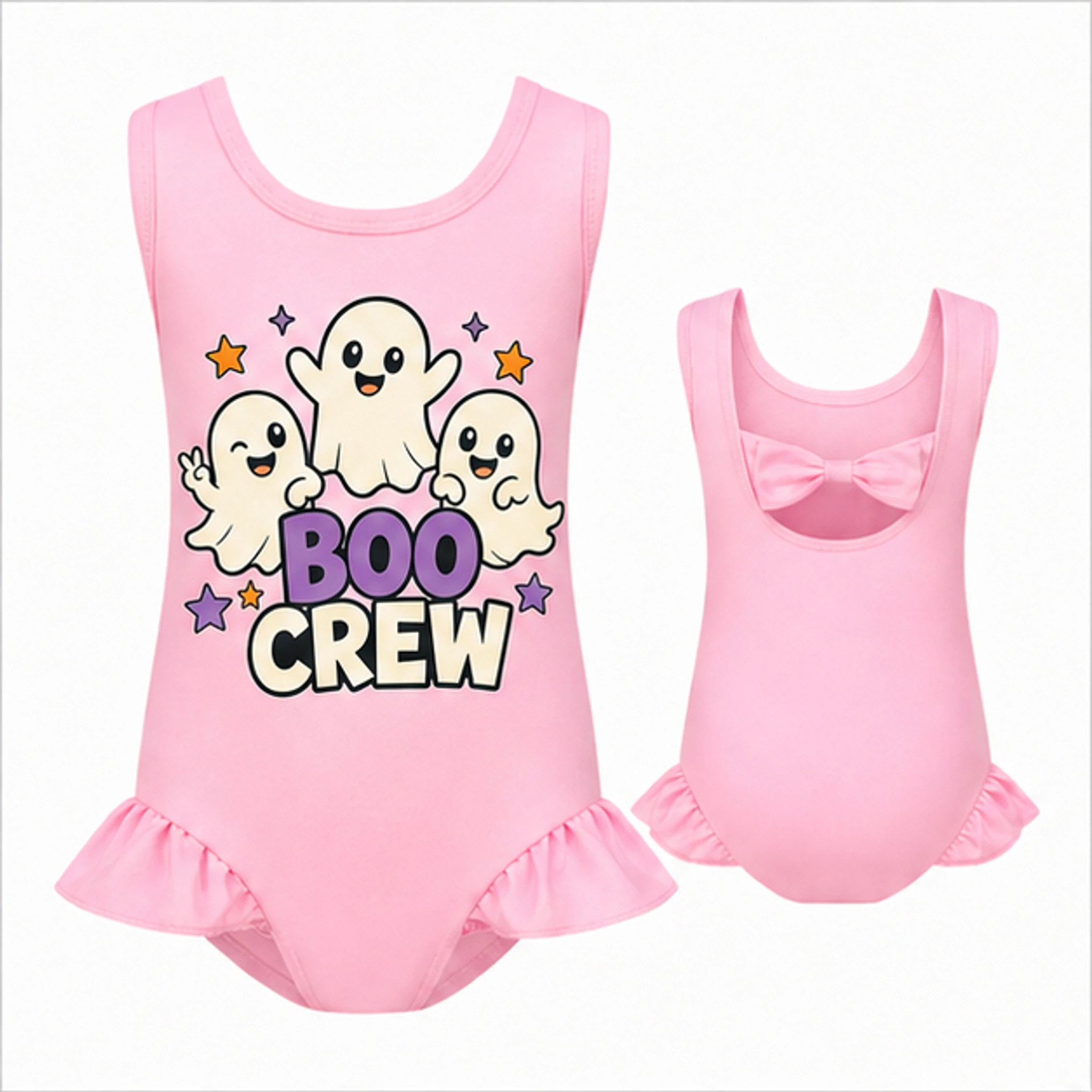 Pink Custom Girls Wide-Strap Bow-Back One-Piece Swimsuit with the Boo Crew design
