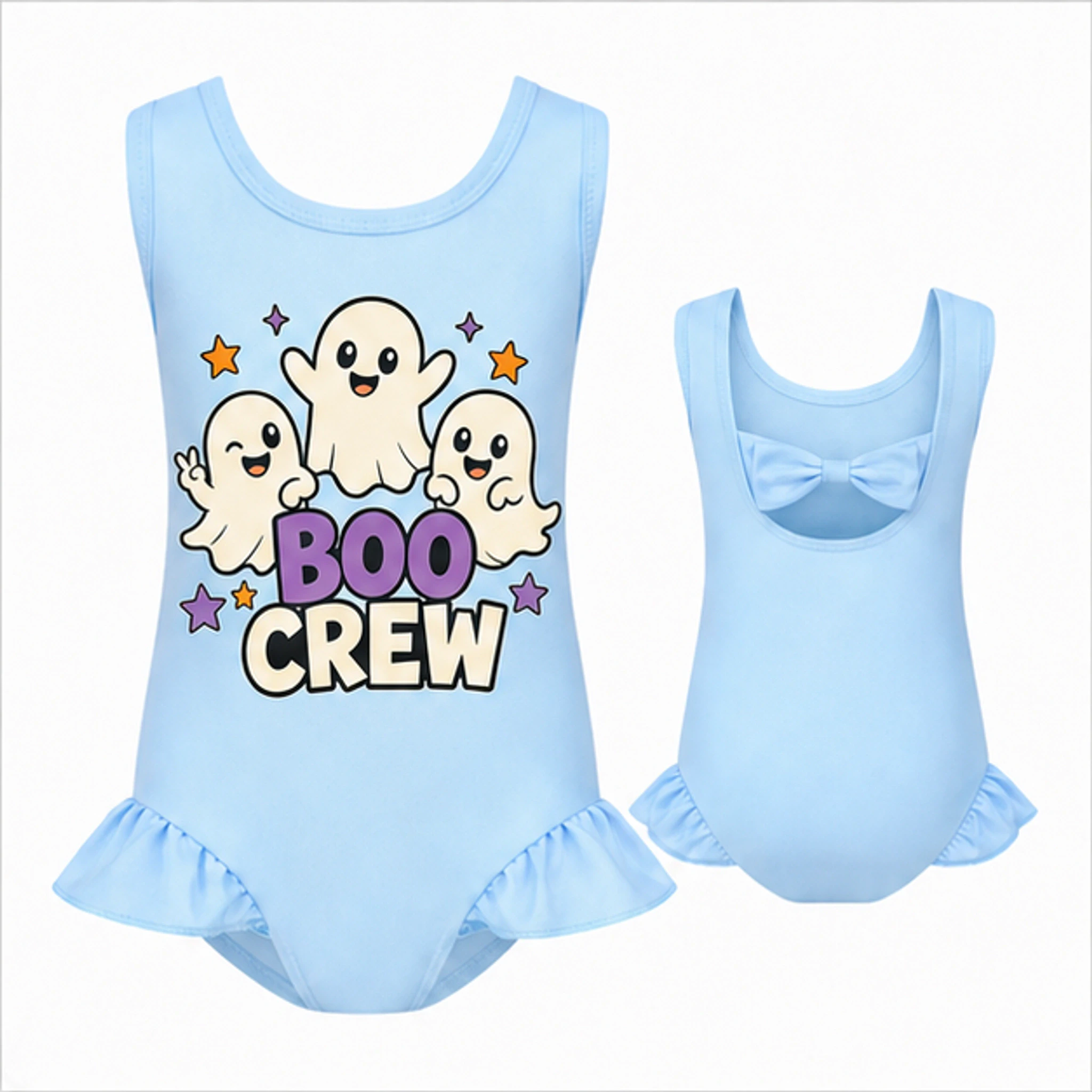 Light Blue Custom Girls Wide-Strap Bow-Back One-Piece Swimsuit with the Boo Crew design