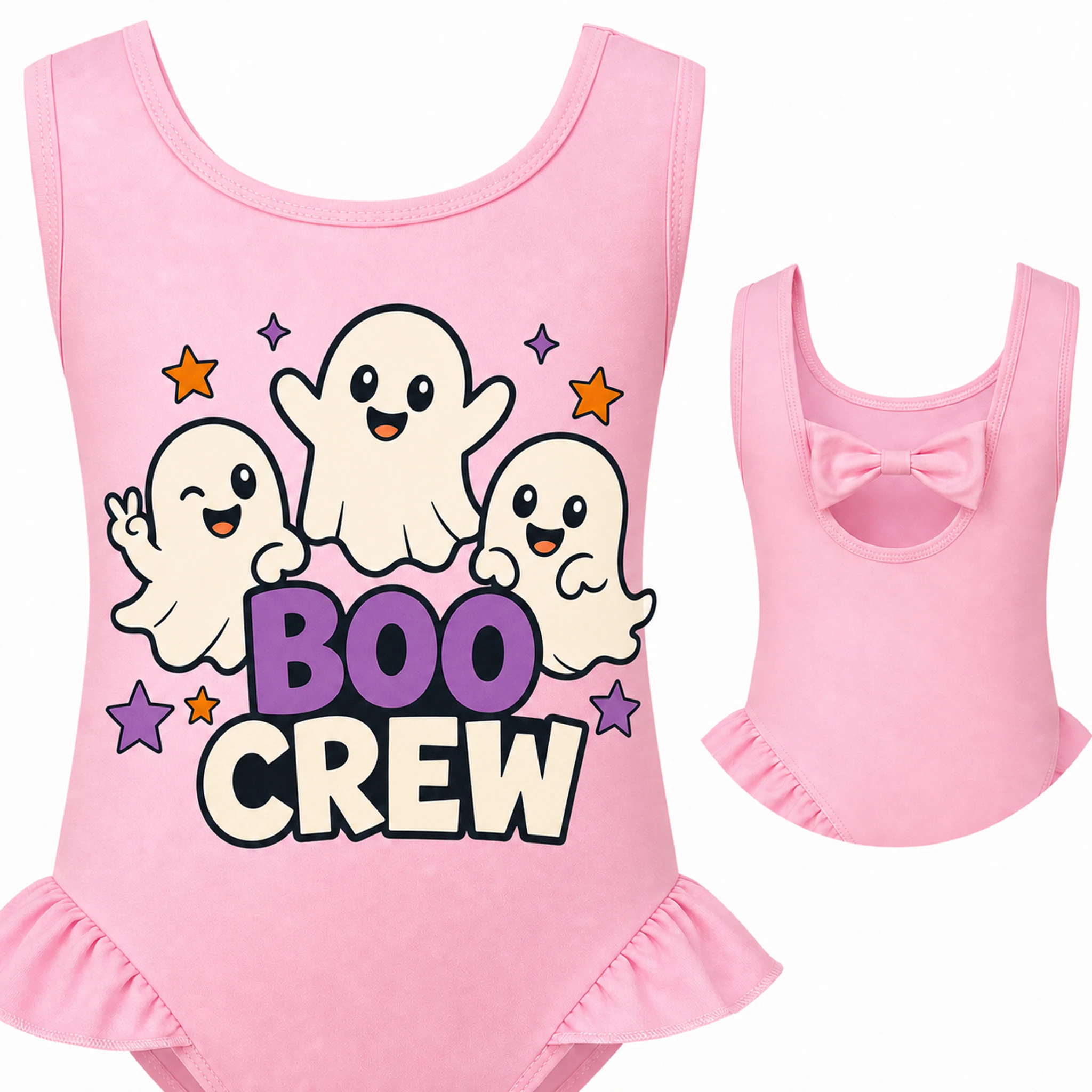 Boo Crew Custom Girls Wide-Strap Bow-Back One-Piece Swimsuit print, fabric, and construction details