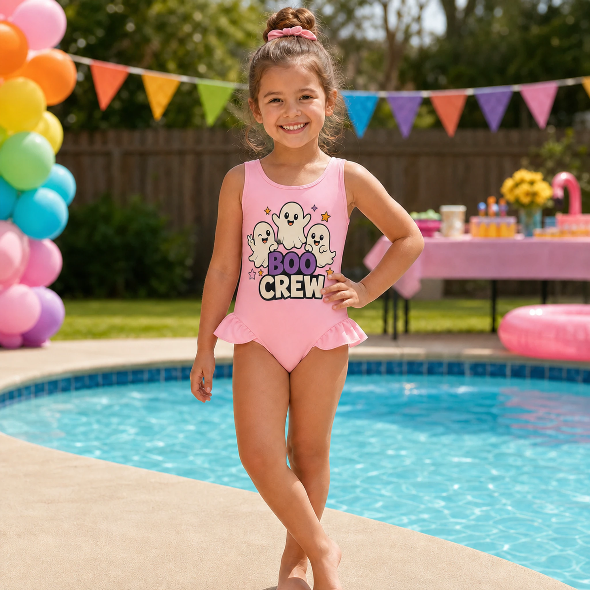 Boo Crew Custom Girls Wide-Strap Bow-Back One-Piece Swimsuit shown in a styled lifestyle setting
