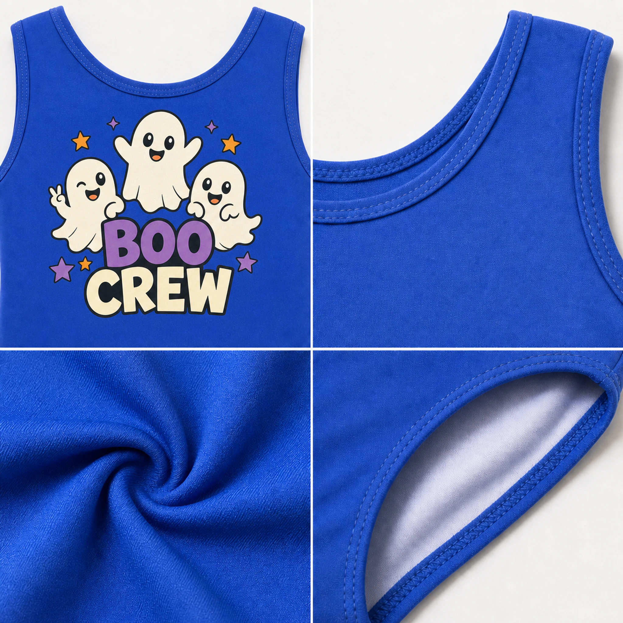 Boo Crew Custom Girls Ruffle-Hem One-Piece Swimsuit print, fabric, and construction details