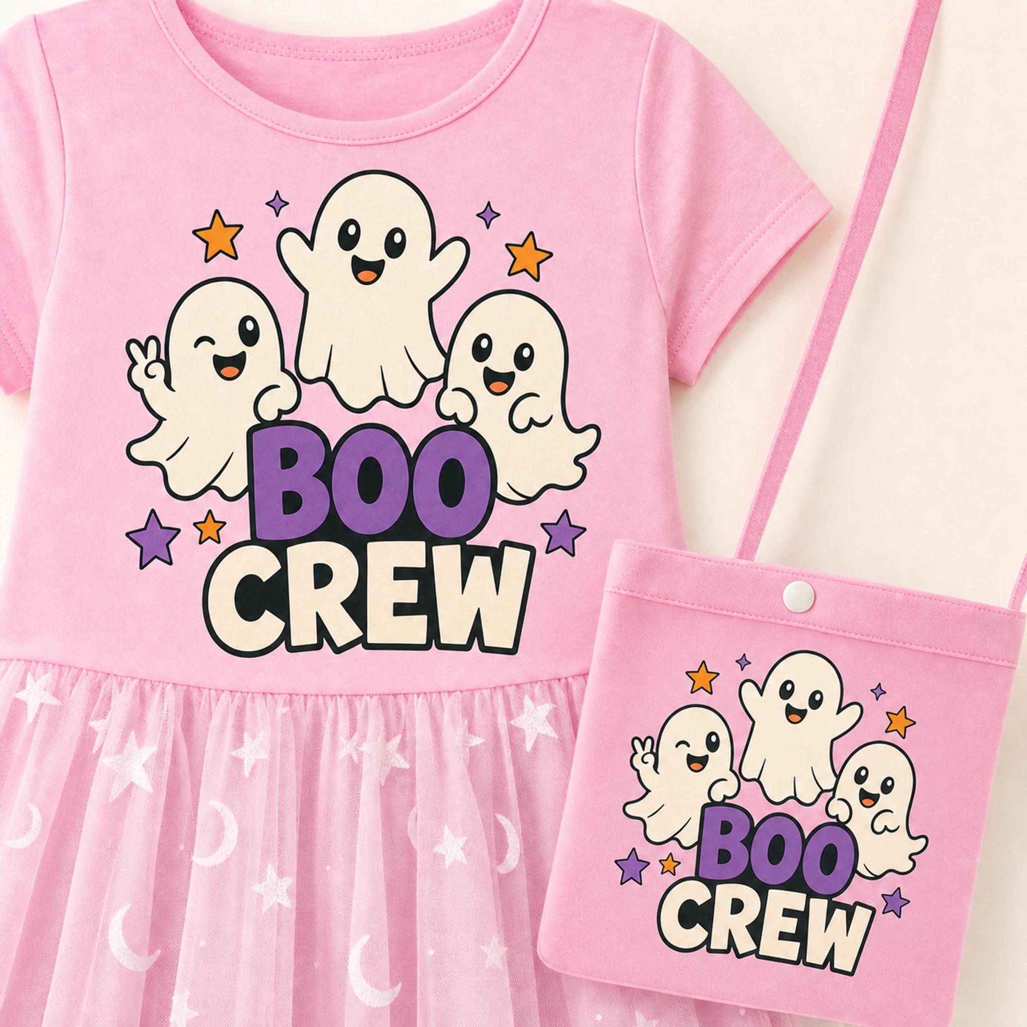 Boo Crew Custom Girls Short Skirt Styles with Bag print, fabric, and construction details