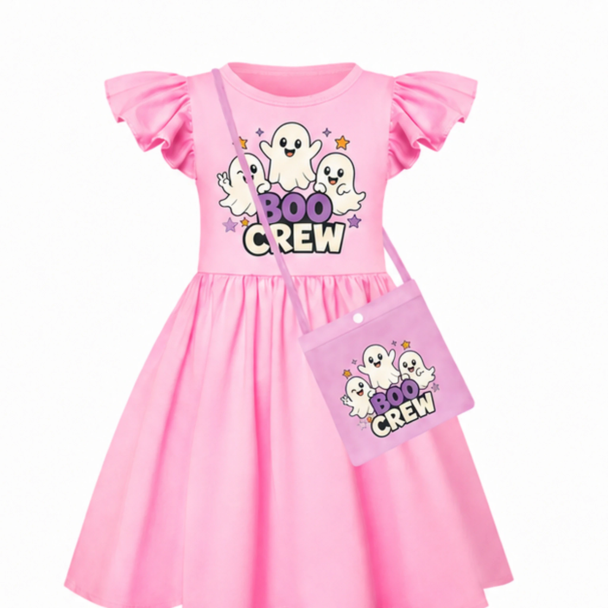 Pink · with Bag Custom Girls Short-Sleeve Sleep Dress with Crossbody Bag with the Boo Crew design