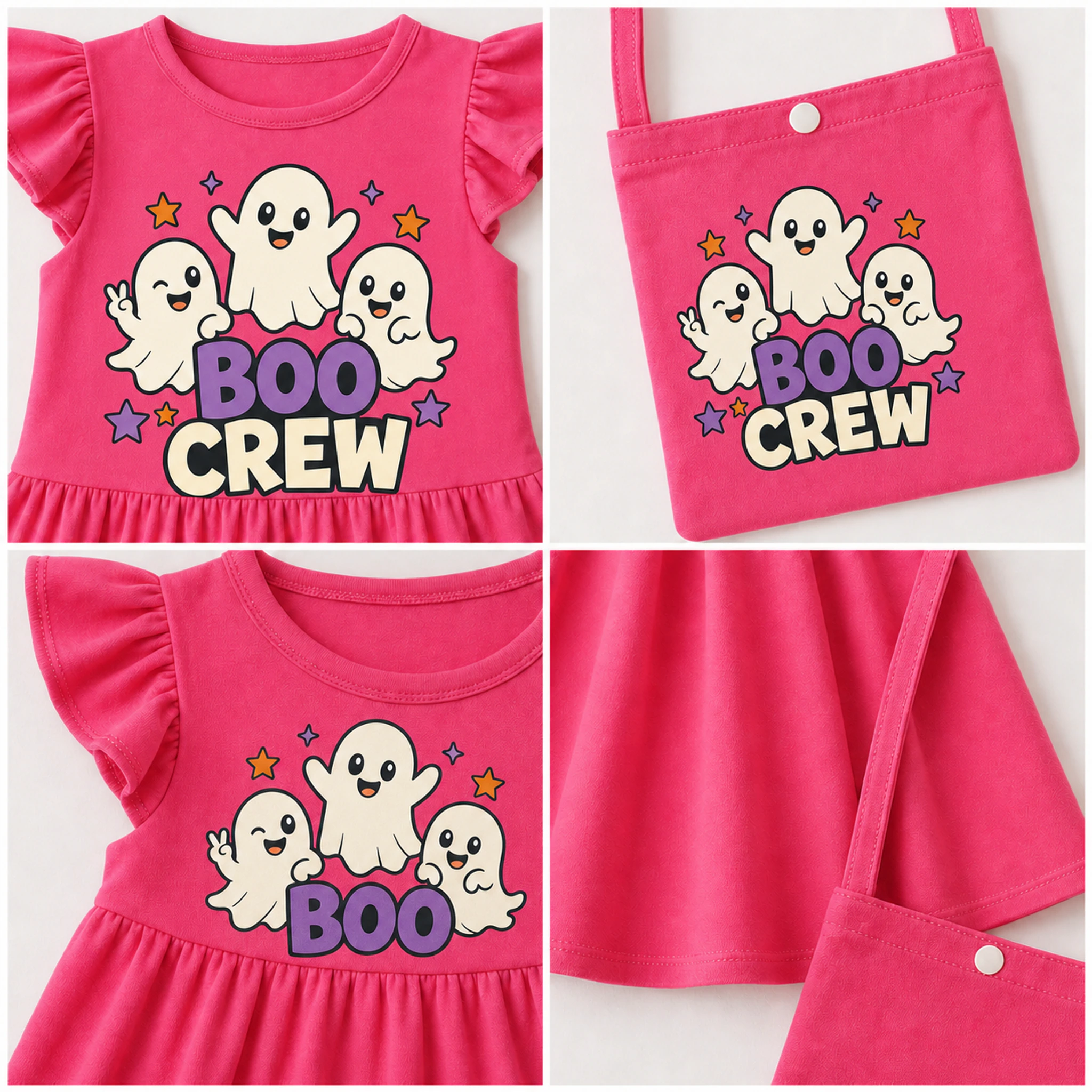 Boo Crew Custom Girls Short-Sleeve Sleep Dress with Crossbody Bag print, fabric, and construction details