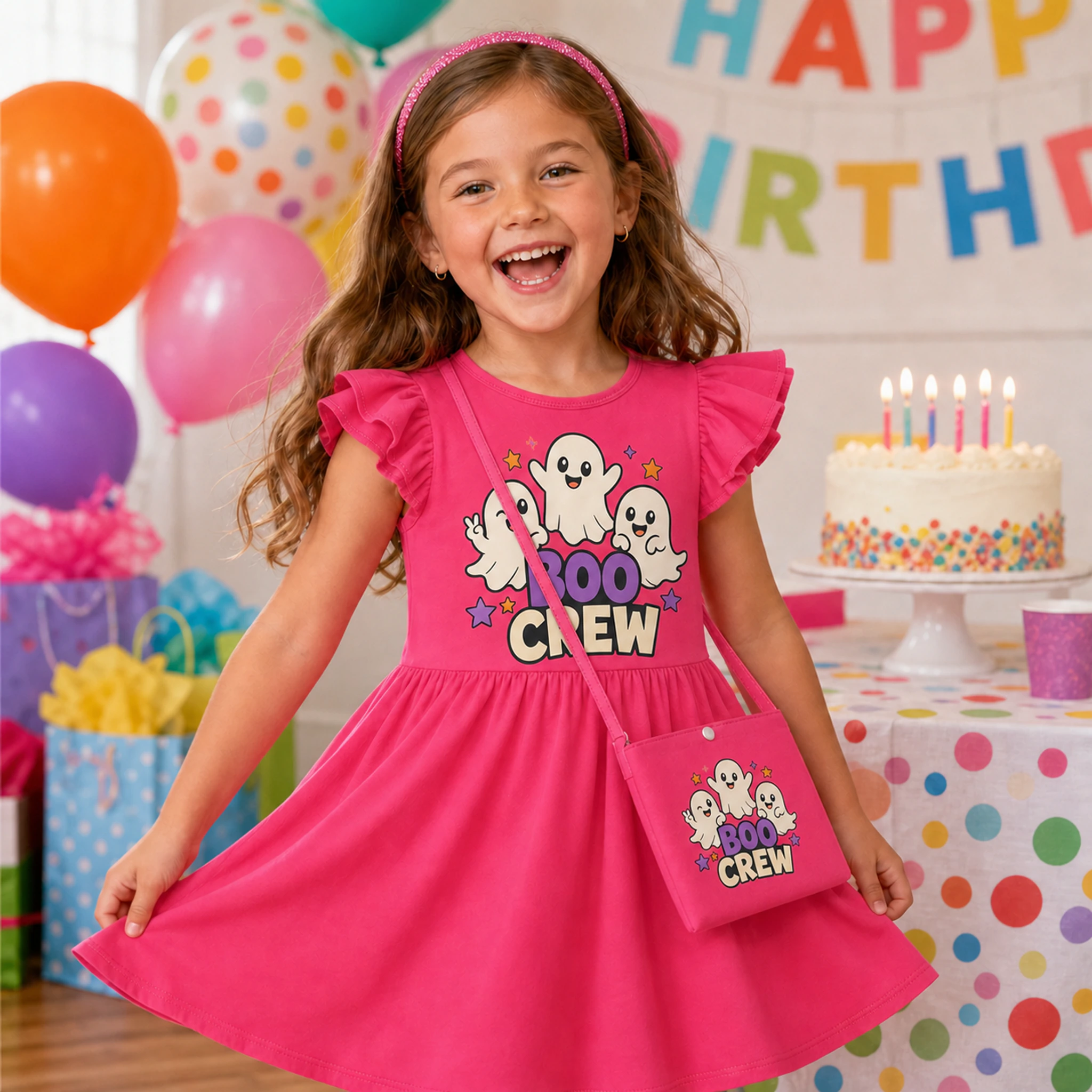 Boo Crew Custom Girls Short-Sleeve Sleep Dress with Crossbody Bag shown in a styled lifestyle setting