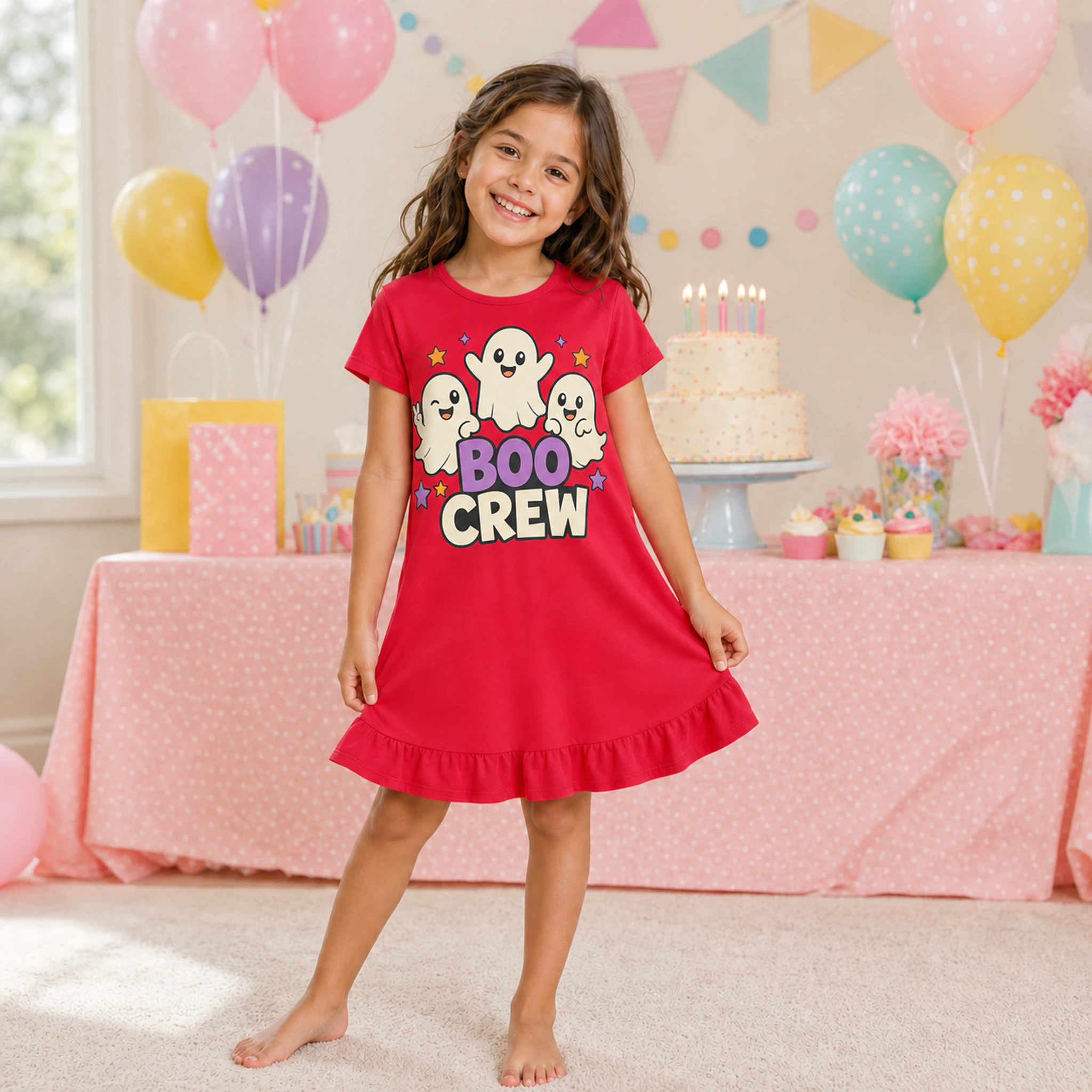 Boo Crew Custom Girls Short-Sleeve Sleep Dress shown in a styled lifestyle setting