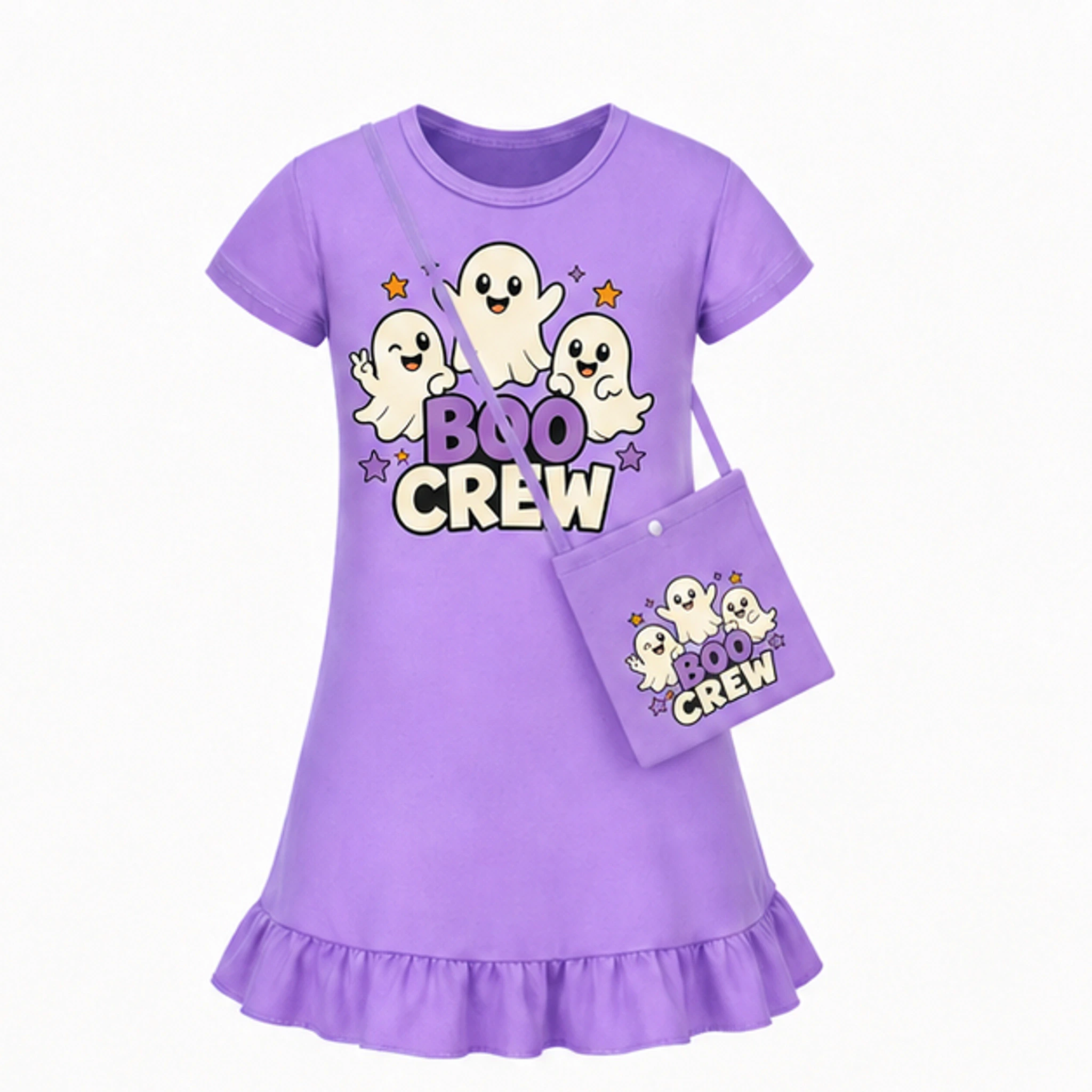 Purple · with Bag Custom Girls Short-Sleeve Sleep Dress with Matching Bag with the Boo Crew design