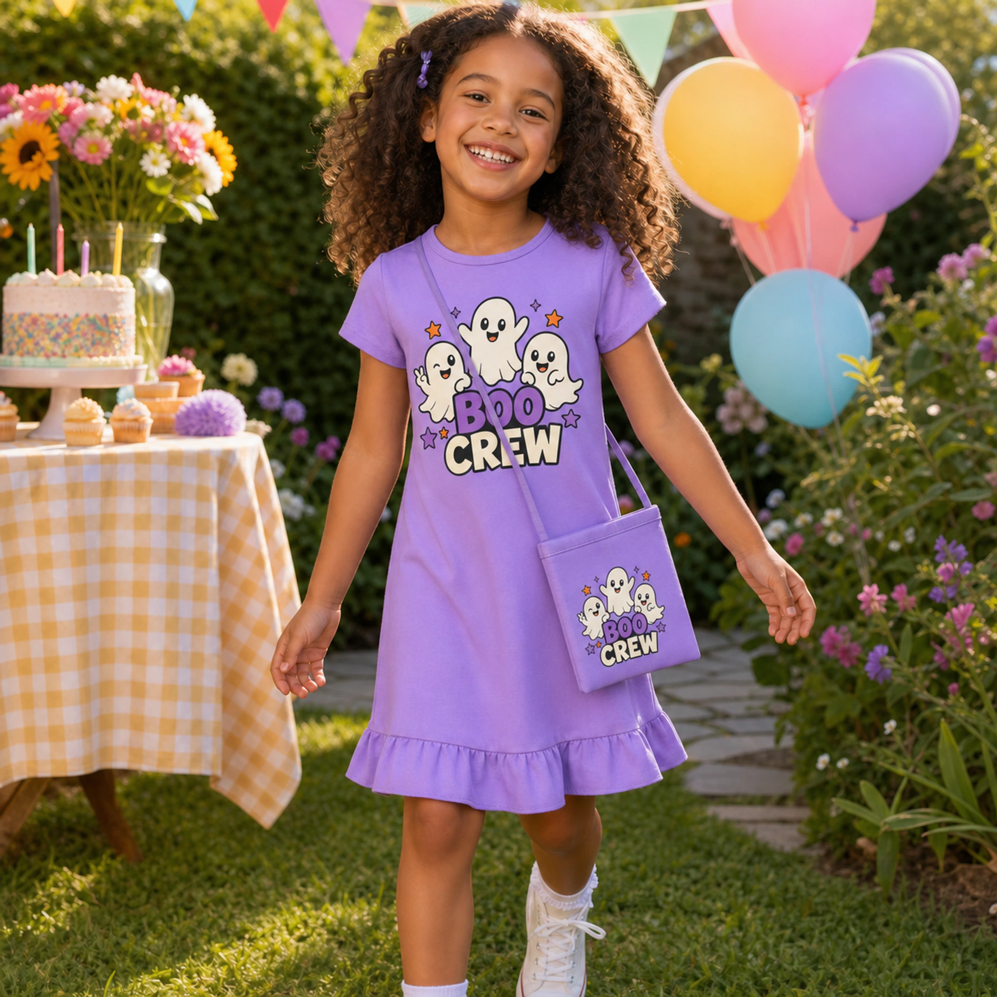 Boo Crew Custom Girls Short-Sleeve Sleep Dress with Matching Bag shown in a styled lifestyle setting