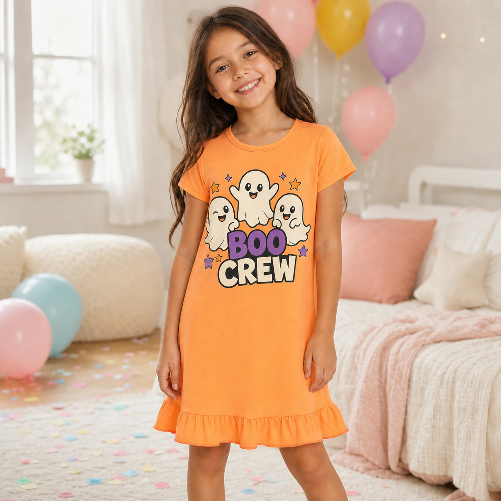 Boo Crew Custom Girls Short-Sleeve Sleep Dress shown in a styled lifestyle setting