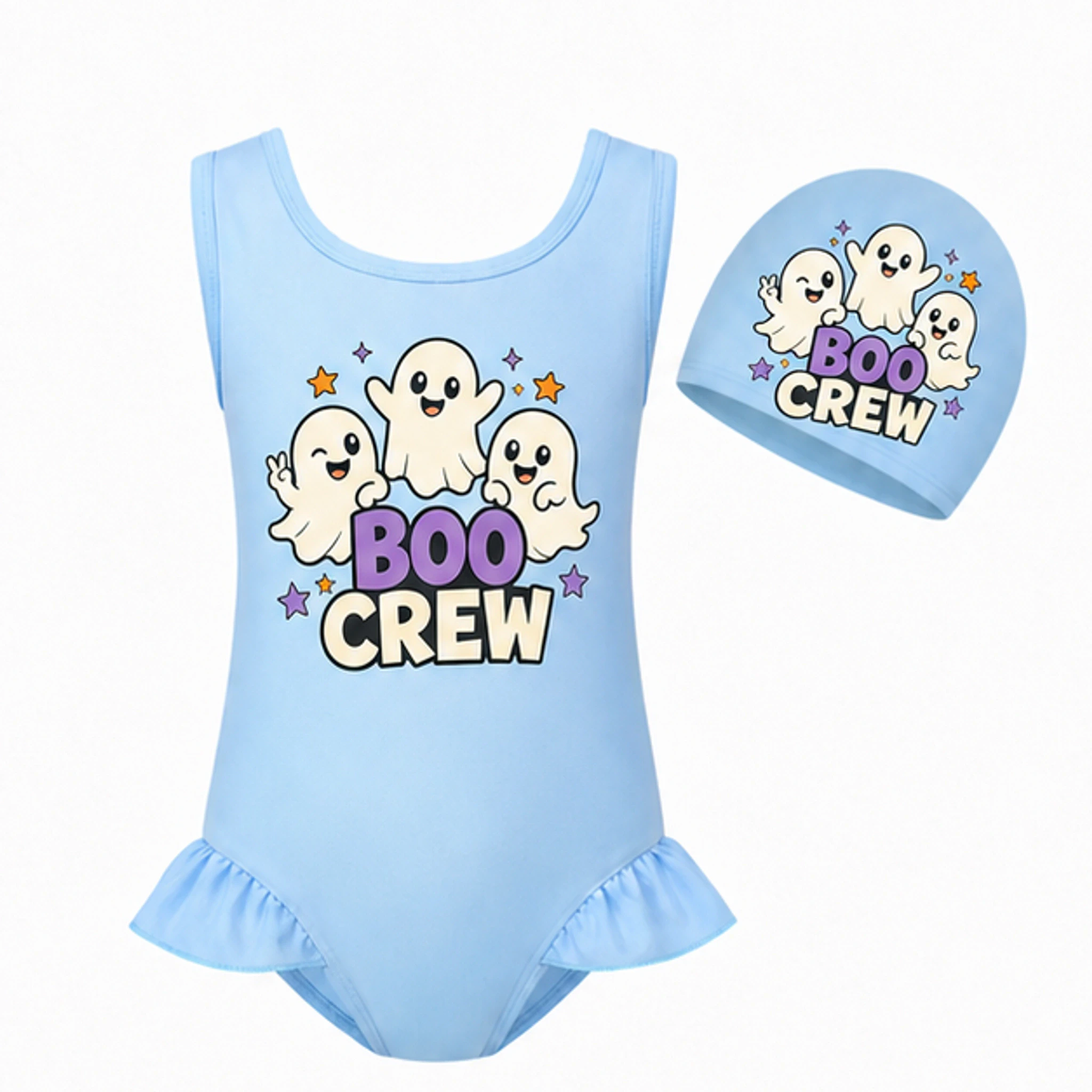 Light Blue · Set Custom Girls Wide-Strap Swimsuit and Cap Set with the Boo Crew design