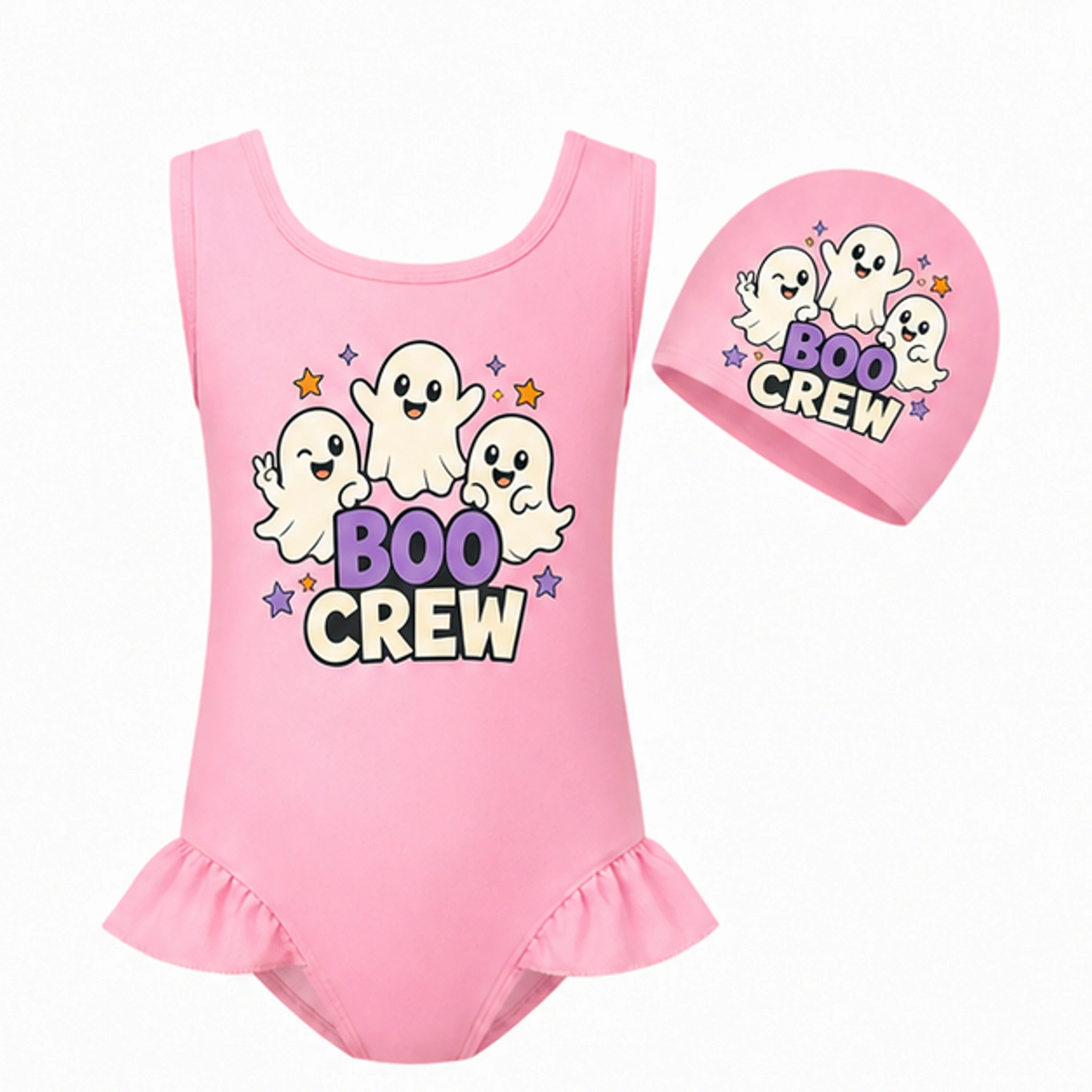 Pink · Set Custom Girls Wide-Strap Swimsuit and Cap Set with the Boo Crew design